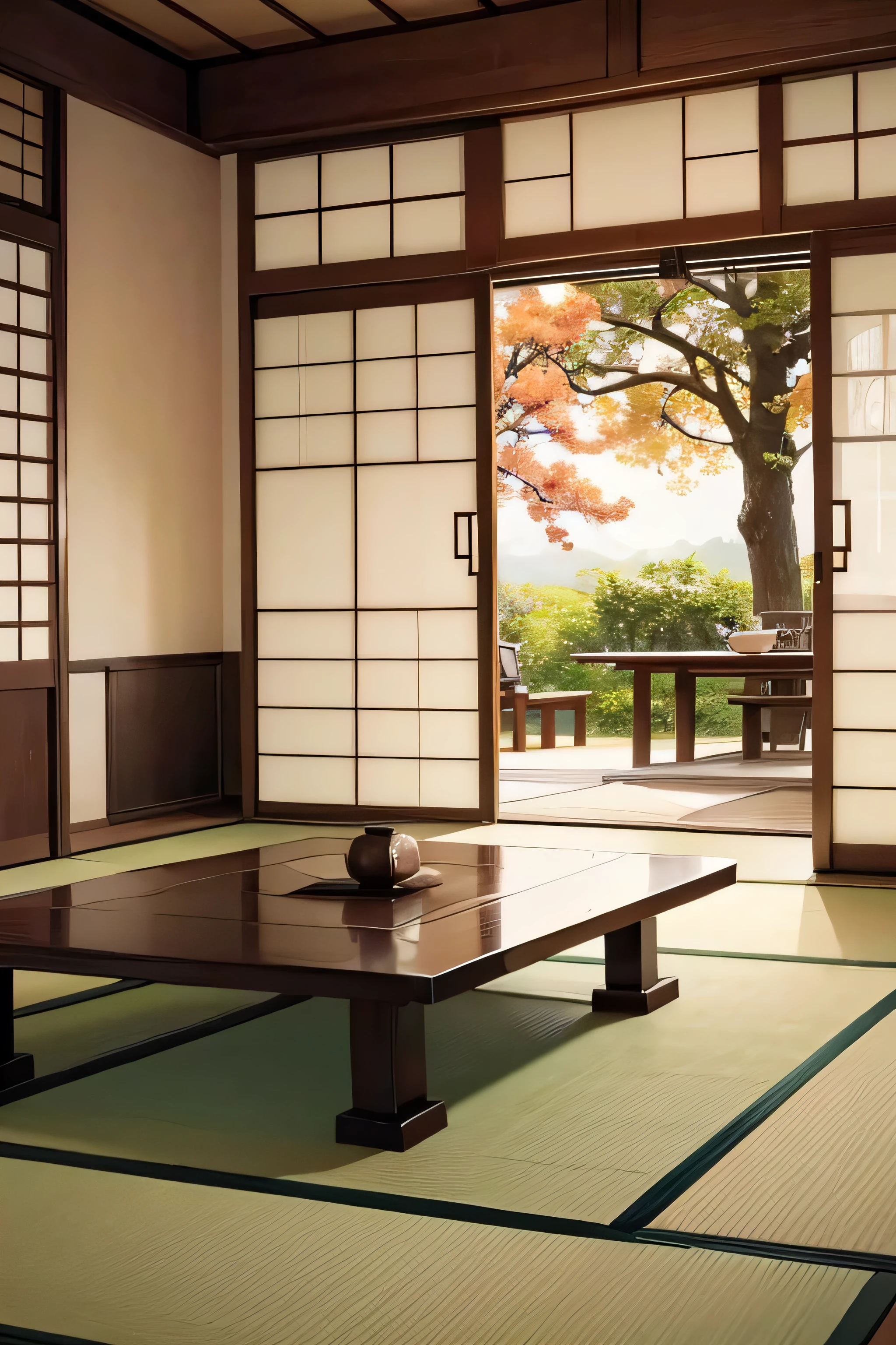 Real photo style, Japanese style living room, white walls, white bookshelf, brown tea table, tatami mats, veranda, open shoji screen, garden,