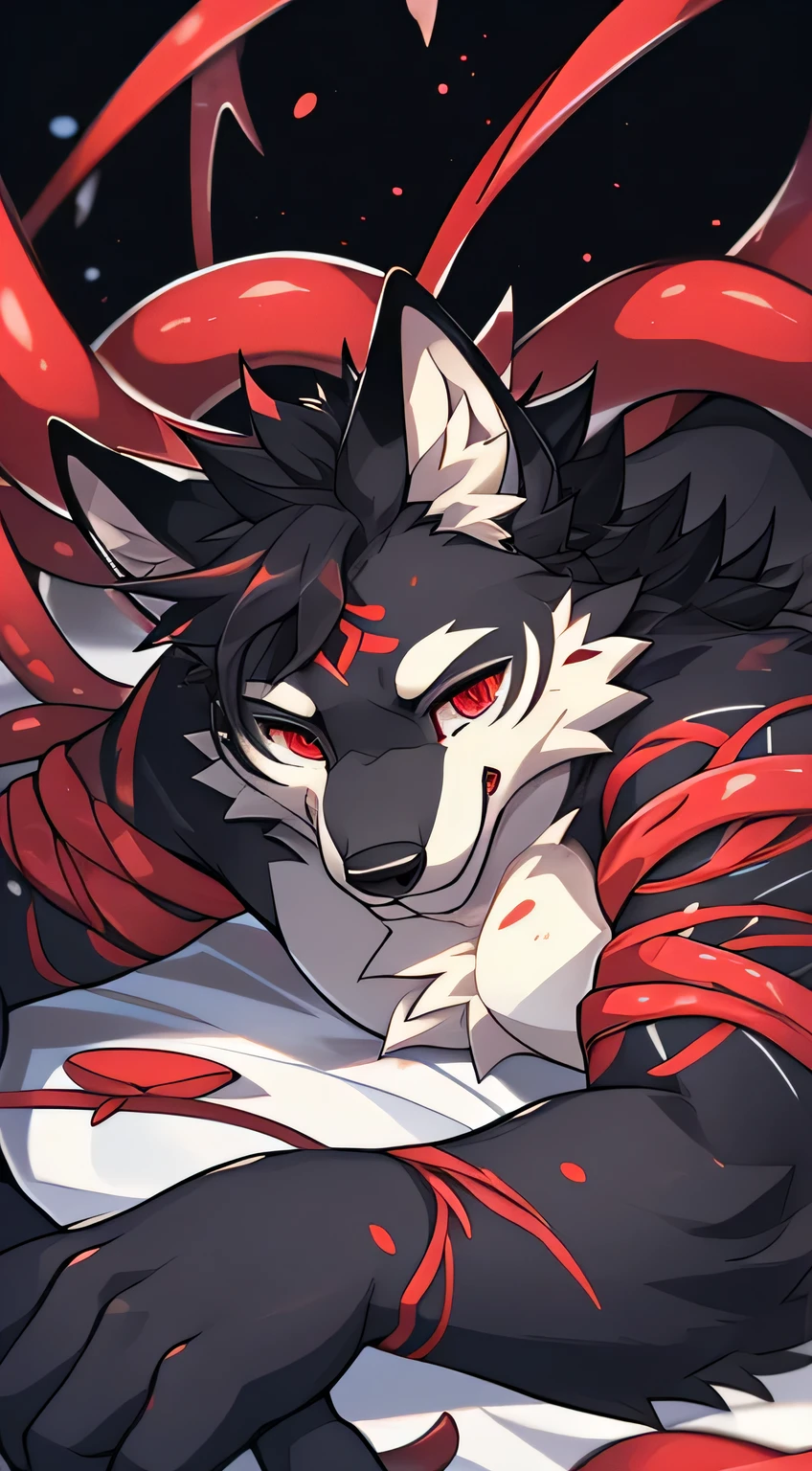 male alpha wolf in garden, black skin, red tattoo, waning moon tattoo on chest, ((heterochromia, blue left eye, red right eye)) dreamy background, kindness, unlimited light, magnificent sunset background, octane render, beautiful features, beautifully detailed eyes, intricate skin, detailed face, perfect skin texture, extreme details, full body vision, cinematic lighting, professional lighting, centered, looking at camera, 8k, shooting with Hasselblad X1D-50, maximum focus, depth of field, perfect lighting, light particles, (best quality), (masterpiece), (ultra detailed), sharp focus, light particles