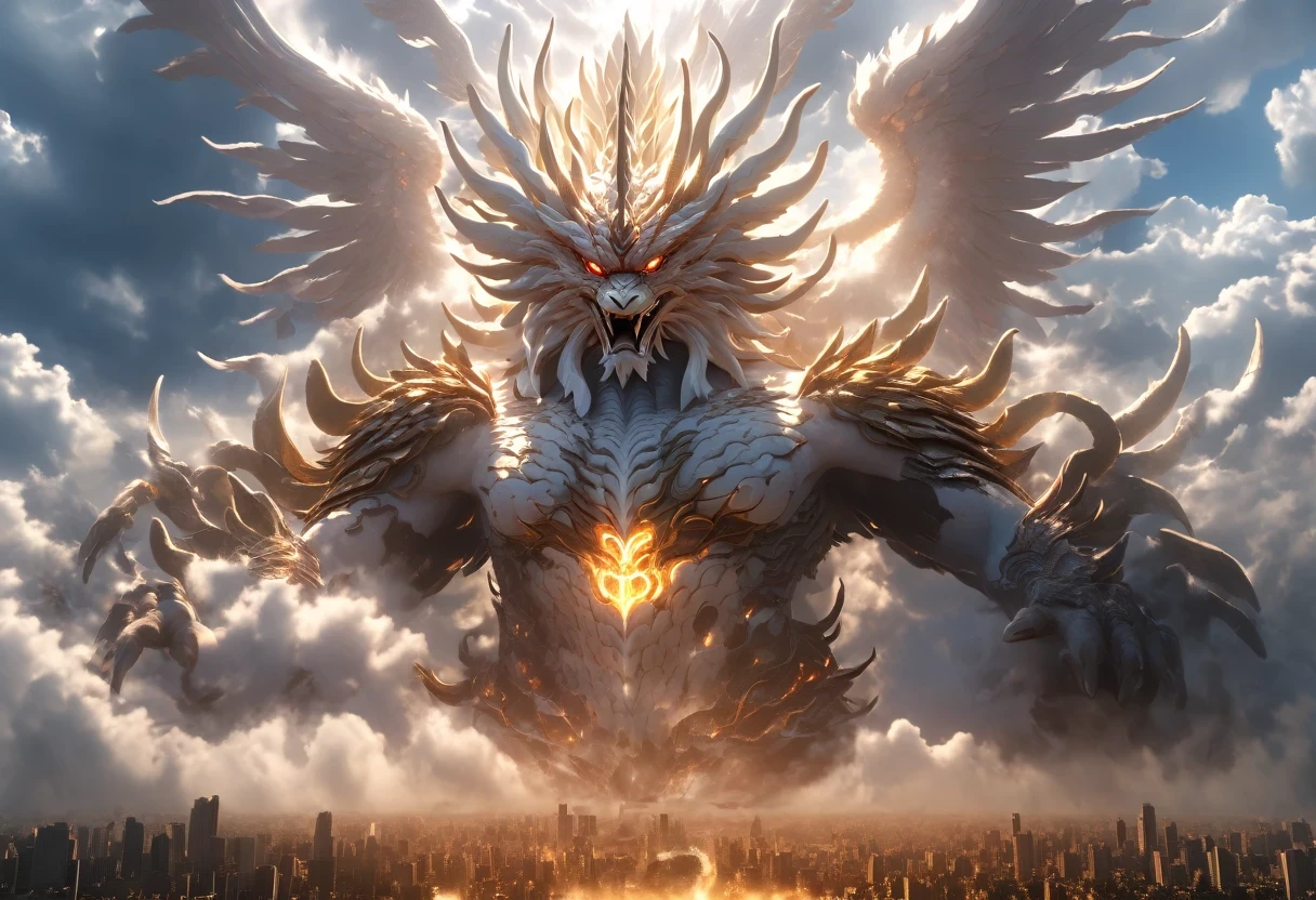 supernatural art,BJ_sacred_beast, Gigantic Garuda made of Thnuder, Fly with storm over the Modern City}Horn,electricity,tooth, day, number_human, cday,movie light,high definition,High level of detail,best quality,Masterpiece,Very high resolution details, Take a photo, Realism is pushed to the extreme., fine texture, Incredibly realistic