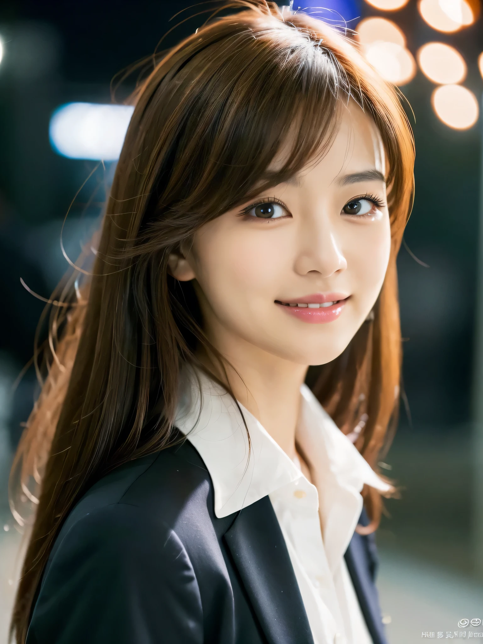 table top、highest quality、genuine、Super detailed、finely、High resolution、8k wallpaper、one beautiful woman、、、light brown disheveled hair、wearing a business suit、sharp focus、perfect dynamic composition、beautiful and detailed eyes、thin hair、Detailed genuine skin texture、smile、close-up portrait、model body shape、In Kyoto at night、On a hill with falling cherry blossoms