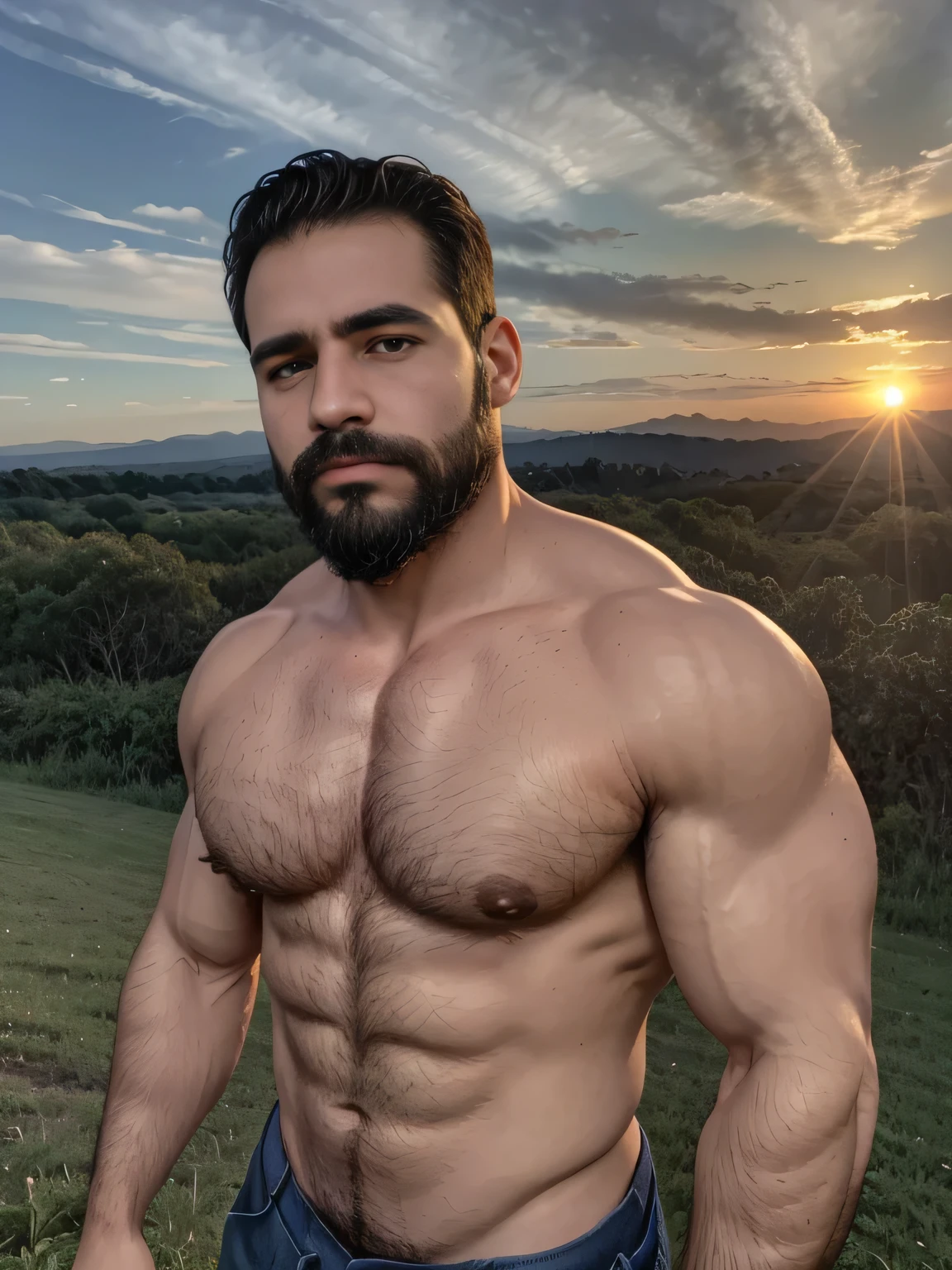 obra maestra, Mejor calidad, high resolution, Retrato de primer plano, (1 chico:1.4) A man in a lumberjack suit, muscular, (descamisado: 1.2) enfoque masculino, enfocarse solo, piel bronceada, man dressed as a lumberjack., muscular, fuerte, peludo, Masculino, (descamisado: 1.2), al fondo una granja, en una puesta de sol, amazing composition, Vista frontal, HDR, volumetric lighting, (plano general, desde el frente:1.2) (GS-Macho :1.5) (magnificent landscape:1.2)