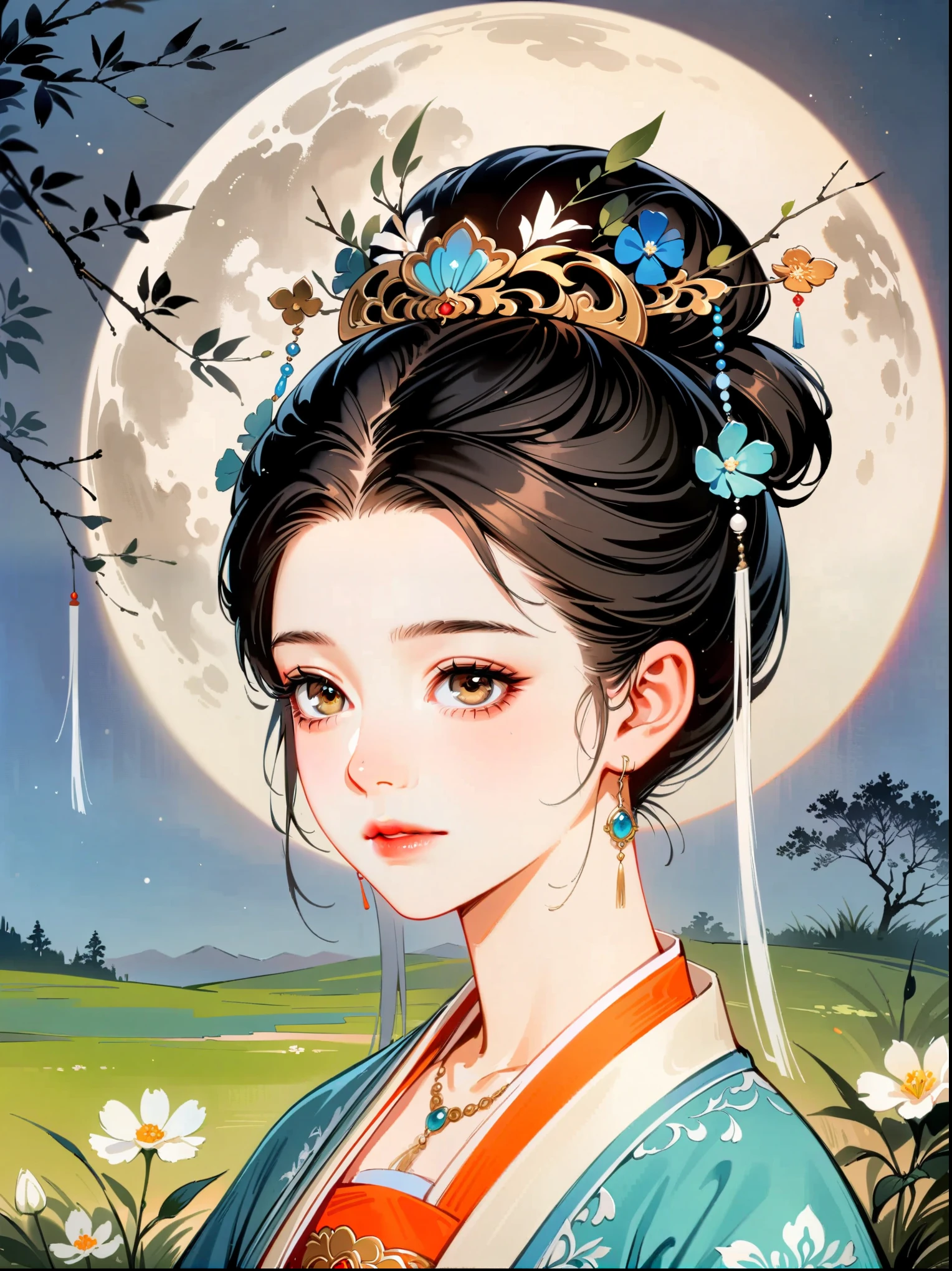 (close-up:1.8)，1girl，night，huge full moon，outdoor，Hanfu，patio，branches，flowers，grassland，（black and white ink painting：1.8），best quality，masterpiece，8k，ultra high resolution，（Realism：1.4），Highly detailed，intricate details，Exquisite and beautiful，good lighting，professional lighting，sharp focus，Detailed shadows，Exquisite details and textures，depth of field，unified 8k wallpaper