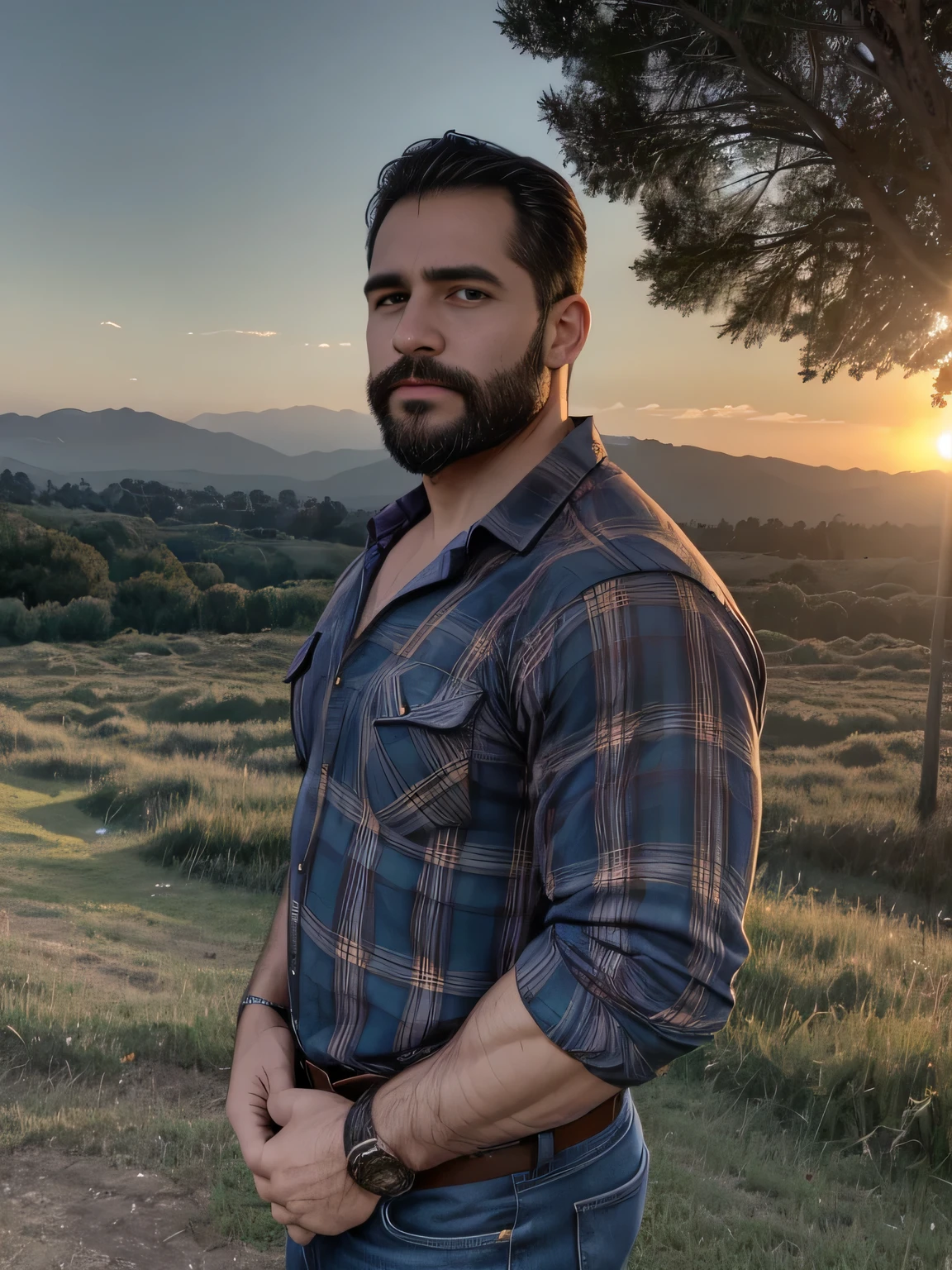 obra maestra, Mejor calidad, high resolution, Retrato de primer plano, (1 chico:1.4) A man in a lumberjack suit, muscular, (descamisado: 1.2) enfoque masculino, enfocarse solo, piel bronceada, 38-year-old man dressed as a lumberjack., muscular, fuerte, peludo, Masculino, (descamisado: 1.2), al fondo una granja, en una puesta de sol, amazing composition, Vista frontal, HDR, volumetric lighting, (plano general, desde el frente:1.2) (GS-Macho :1.5) (magnificent landscape:1.2)