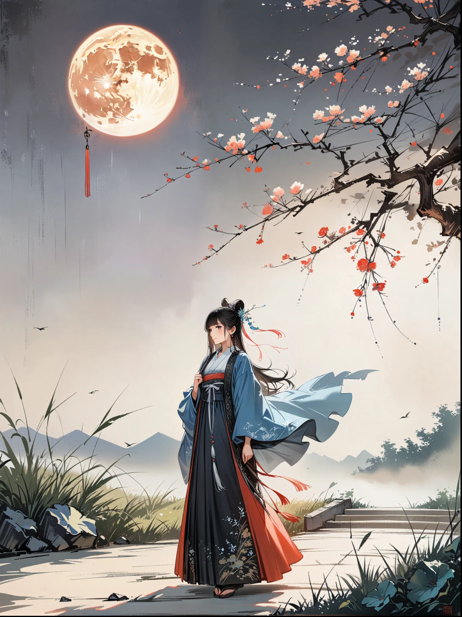 (cowboy shot),1girl,night,huge full moon,outdoor,Hanfu,whole body,patio,branches,flowers,grassland,(black and white ink painting:1.8),best quality,masterpiece,8k,ultra high resolution,(Realism:1.4),Highly detailed,intricate details,Exquisite and beautiful,good lighting,professional lighting,sharp focus,Detailed shadows,Exquisite details and textures,depth of field,unified 8k wallpaper