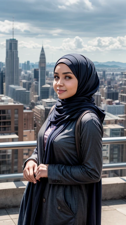  cute face woman standing near city. Wearing hijab