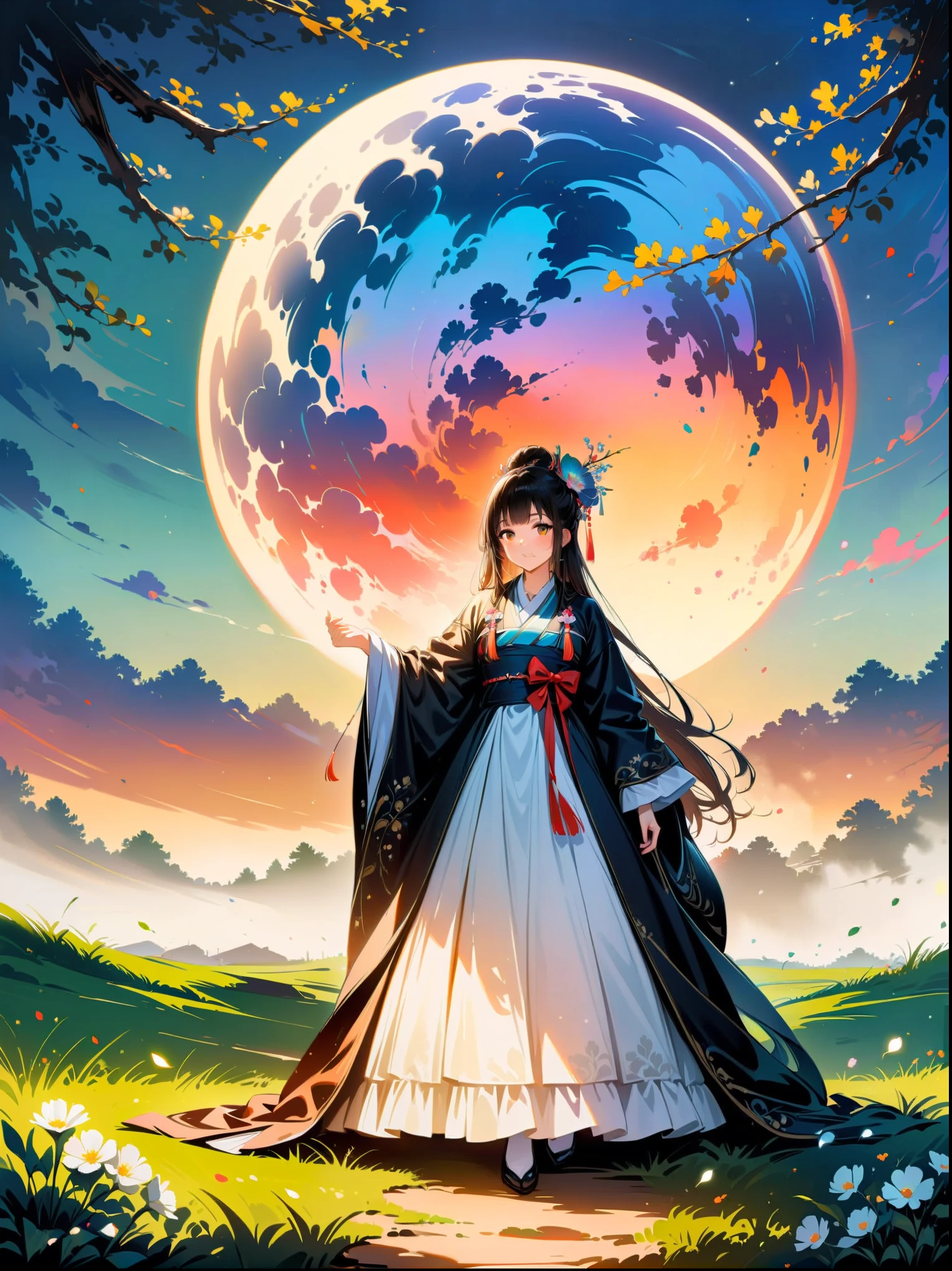1girl，night，huge full moon，outdoor，Hanfu，whole body，patio，branches，flowers，grassland，（black and white ink painting：1.8），best quality，masterpiece，8k，ultra high resolution，（Realism：1.4），Highly detailed，intricate details，Exquisite and beautiful，good lighting，professional lighting，sharp focus，Detailed shadows，Exquisite details and textures，depth of field，unified 8k wallpaper