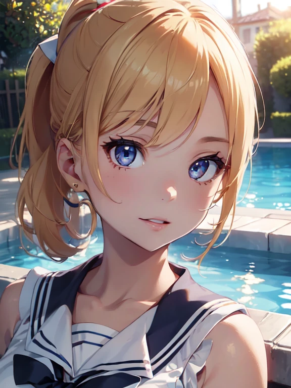 masterpiece, best quality, high quality, HD, High quality texture, High-quality shadows, high detail, Beautiful detailed, meticulous, Extremely detailed CG, Detailed texture, a actual representation of the face, actual, rich and colorful, Beautifully, film light, side light, lens flare, Ray tracing, sharp focus, (intricate details, cosmetic, Pure love face_v1:0.5), (detailed beautiful Beautifully face, detailed beautiful Beautifully eyes, Perfectly proportioned face, high detailed skin, Delicate skin, The optimal ratio of four fingers to one thumb, ((upper body shot)), (Big breasts), (split), ((smooth texture, Realistic texture, Photoactual)), (Detailed beautiful eyes, beautiful eyelashes, emerald eyes), (((Blonde semi-long hair, ponytail))), 1 female, by the pool, (((sailor shirt, sleeveless, front opening))), (pretty face, cute face, Detailed face), (((sunny))), Perfect eyes eyes