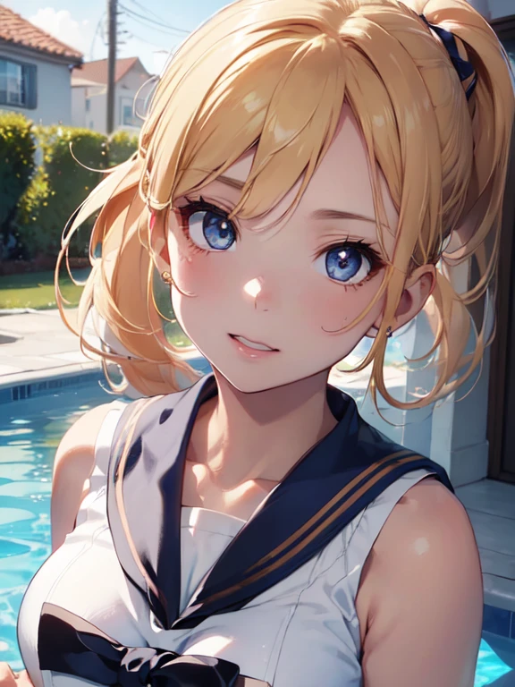 masterpiece, best quality, high quality, HD, High quality texture, High-quality shadows, high detail, Beautiful detailed, meticulous, Extremely detailed CG, Detailed texture, a actual representation of the face, actual, rich and colorful, Beautifully, film light, side light, lens flare, Ray tracing, sharp focus, (intricate details, cosmetic, Pure love face_v1:0.5), (detailed beautiful Beautifully face, detailed beautiful Beautifully eyes, Perfectly proportioned face, high detailed skin, Delicate skin, The optimal ratio of four fingers to one thumb, ((upper body shot)), (Big breasts), (split), ((smooth texture, Realistic texture, Photoactual)), (Detailed beautiful eyes, beautiful eyelashes, emerald eyes), (((Blonde semi-long hair, ponytail))), 1 female, by the pool, (((sailor shirt, sleeveless, front opening))), (pretty face, cute face, Detailed face), (((sunny))), Perfect eyes eyes