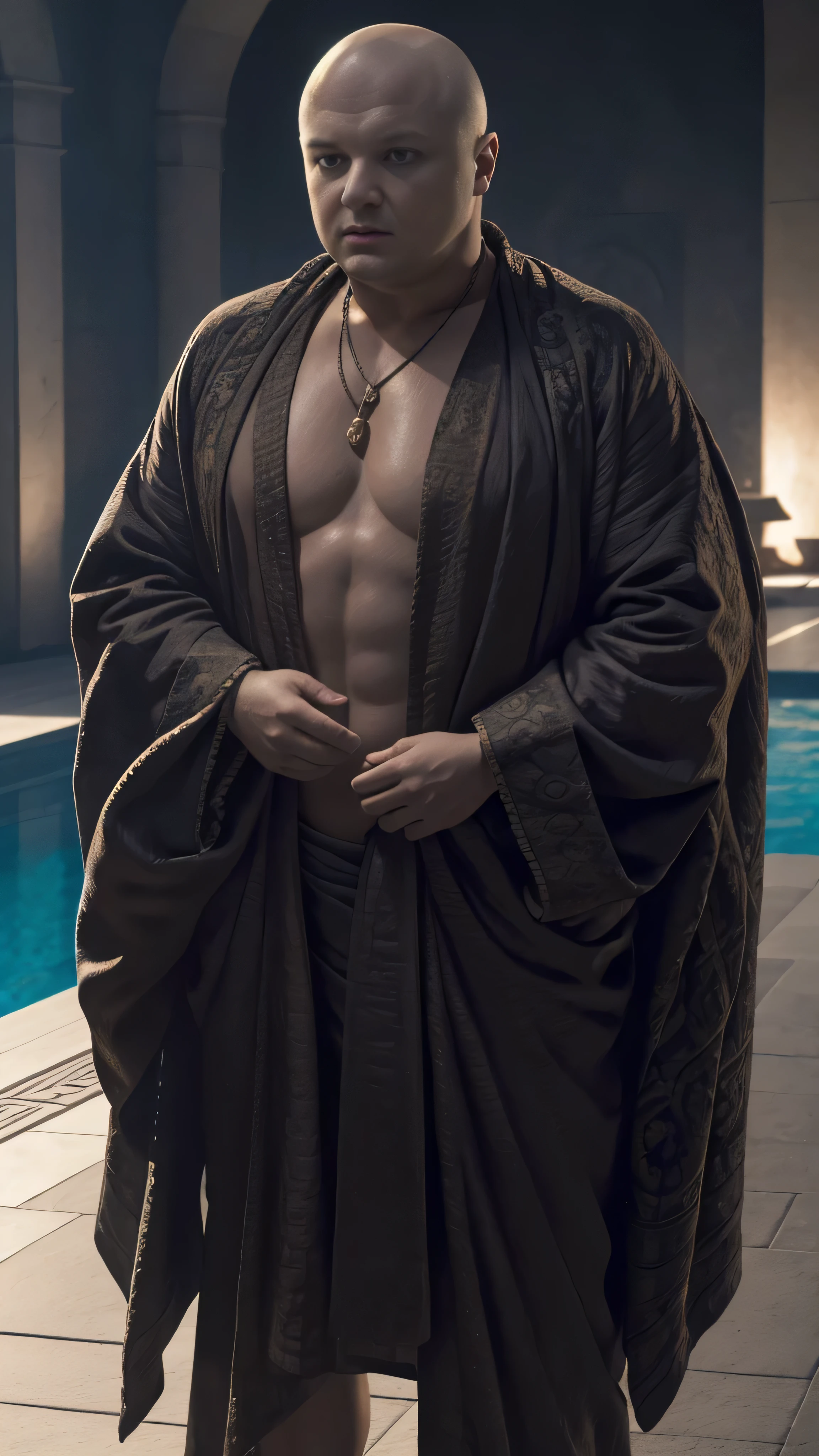 Lord Varys_l0r4va, ((naked torso)), towel, near the pool, 1man, solo, (full body view), beautiful detailed glow, detailed, cinematic light, intricate detail, realistic, highres, detailed facial features, high detail, sharp focus, smooth, aesthetic, extremely detailed, stamp, octane render