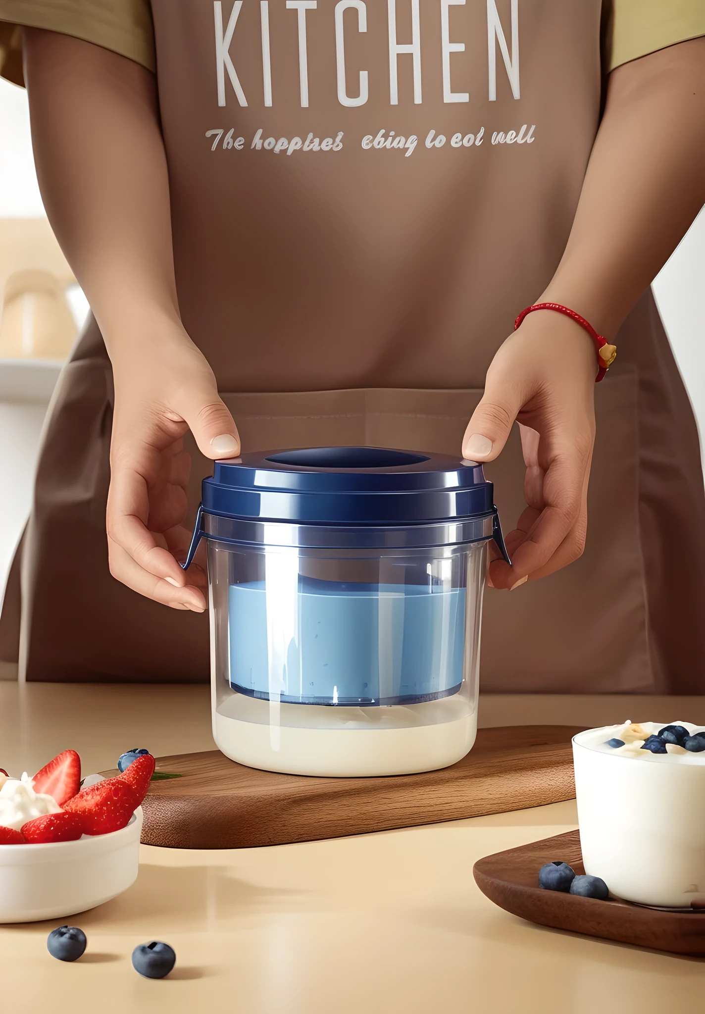 In this image, a clear plastic yogurt maker labeled "QUICK MIZUKIRI YOGURT" is placed on a wooden cutting board. The inside of the container was filled with a translucent liquid and a white solid. It was speculated that the liquid was water and the solid was yogurt. The container has a simple design, in clear and navy blue tones, and comes with an easy-open lid. The wooden cutting board is sturdy and has a dark brown natural wood grain. On one side of the cutting board is a small dollop of yogurt and a small wooden spoon. The background is blurred, showing sliced strawberries and an empty bowl on the table. The overall tone is warm, the light is natural, and the composition is balanced, conveying a comfortable feeling of home-made healthy food. This scene may also imply a simple, convenient and healthy lifestyle.