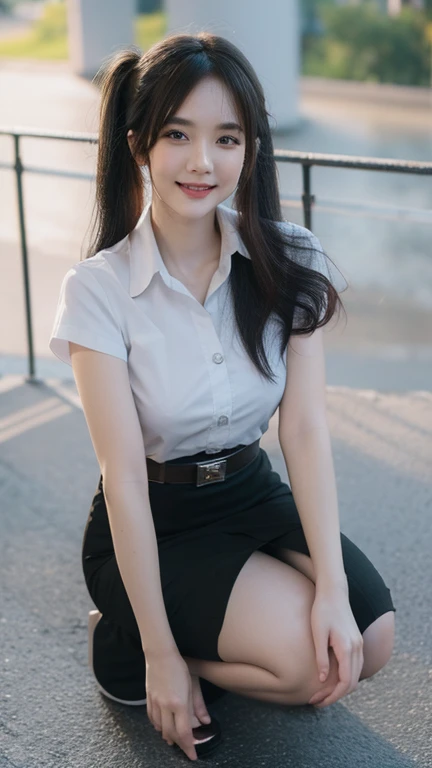 Squatting down and smiling , stand , (8k, best quality, masterpiece, ultra highres:1.2) Photo of Pretty thai woman beautiful, beautiful enchanting fashion contemporary painting with , (1girl), (white shirt short sleeves), ((black pencil skirt)), belt , realistic skin texture , round chin, 85 mm art lens, f 1. 2, sharp focus, 8 k high definition, insanely detailed, intricate, elegant, large breasts, big breasts , black skirt , twin tails hair