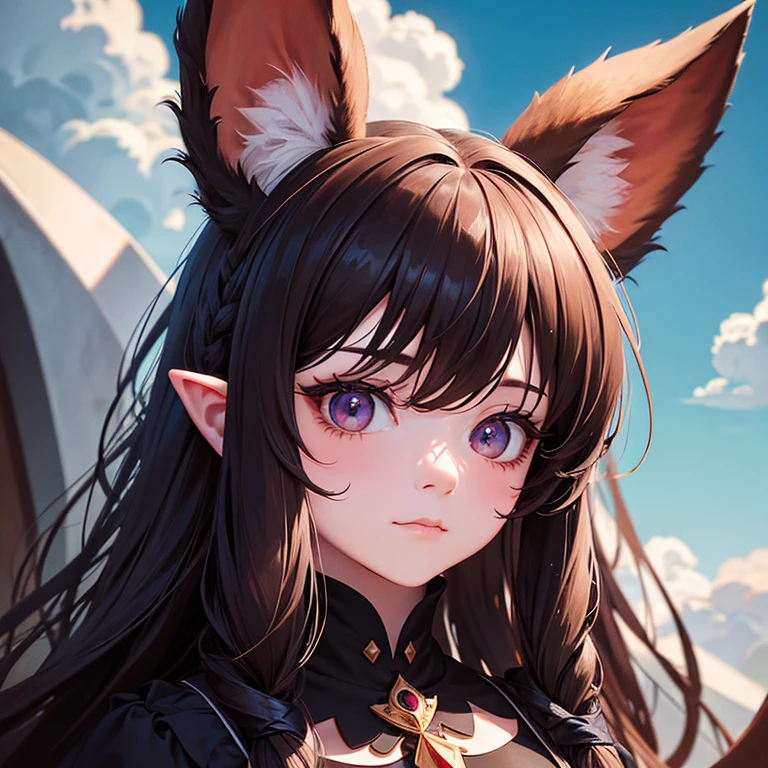 Hairball, Vins, Long eyelashes, solid round eyes, fake animal ears, faint smile, red ears, direction, Surrealism, shadow, relief,, vertical painting, View, atmospheric perspective, 8K, Super details, precise, best quality