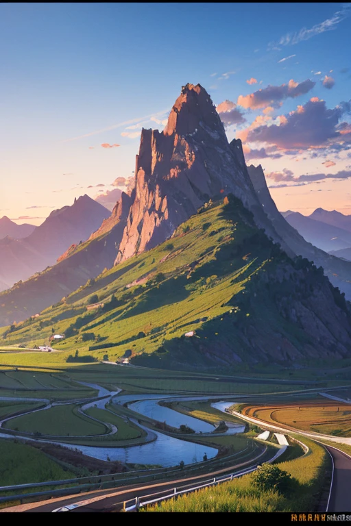 mountain views, roads, rice fields on the side of the road, sunrise. cinematic, ultrarealistic, high detail, photoshoot, taken with a Panasonic Lumix S1R camera