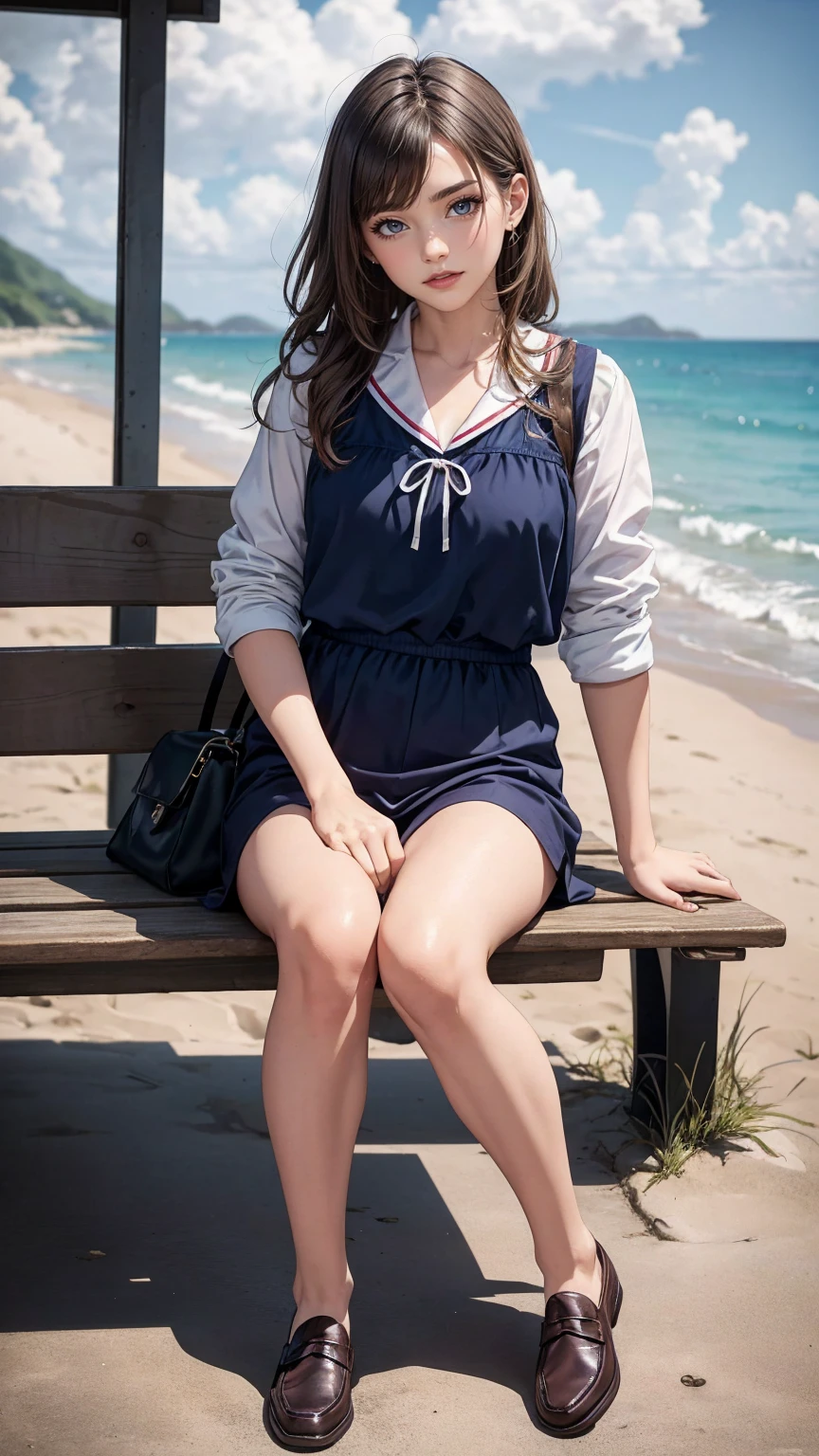 ((最high quality, 8K, masterpiece: 1.3, Ultra HD, high quality, 最high quality, High resolution, realism)) 、A beautiful 18-year-old white woman、髪colorはプラチナブロンド、color、blue eyeedium hair、straight hair、smile、Slender but well-proportioned muscular body、Athlete-like body type、I don&#39;t want my head to disappear from the screen.、Walk on a high seawall at the beach、I put my hand on my forehead and look at the sea、The blue sky is beautiful、There is an entrance cloud、It&#39;s summer、sailor suit((summer clothes))wear、紺colorのプリーチスカート履く、wear loafers、There is a bus stop that looks like a hut on the coastline road where you can see the ocean.、Sit on a bench at the bus stop、The sea breeze feels good