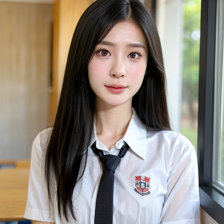 (kawaii 24 year-old Japanese girl, Nogizaka idol, Korean idol), (glossy black hair, seductive hair style:1.3), (extra rounded face, single eyelid, no makeup, soft smiling:1.2), (wearing Japanese school uniforms, collared shirt, necktie:1.3), (well shaped extra small breasts), (looking at viewer:1.2), BREAK, (classroom background, standing by the window:1.3), (dynamic angle, face focus:1.3), BREAK, (masterpiece, best quality, photo realistic, official art:1.4), (UHD, 8K quality wallpaper, high resolution, raw photo, film grain:1.2), (shiny skin), professional lighting, physically based rendering, award winning, (perfect anatomy, highly detailed skin textures, extremely detailed face and eyes, well drawn glittering pupils), Carl Zeiss 85 mm F/1.4, depth of field, 1girl, solo,