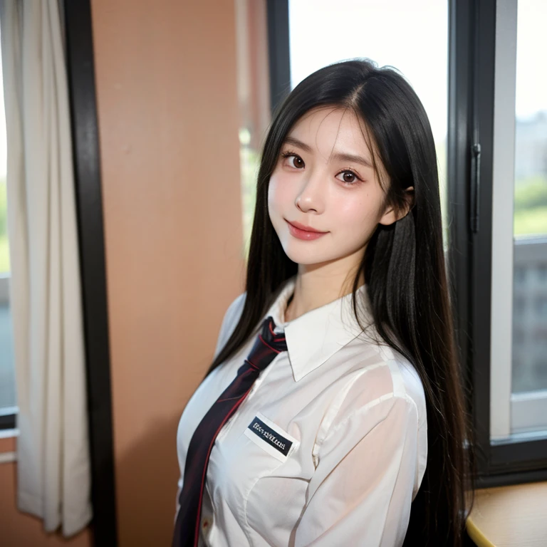 (kawaii 24 year-old Japanese girl, Nogizaka idol, Korean idol), (glossy black hair, seductive hair style:1.3), (extra rounded face, single eyelid, no makeup, soft smiling:1.2), (wearing Japanese school uniforms, collared shirt, necktie:1.3), (well shaped extra small breasts), (looking at viewer:1.2), BREAK, (classroom background, standing by the window:1.3), (dynamic angle, face focus:1.3), BREAK, (masterpiece, best quality, photo realistic, official art:1.4), (UHD, 8K quality wallpaper, high resolution, raw photo, film grain:1.2), (shiny skin), professional lighting, physically based rendering, award winning, (perfect anatomy, highly detailed skin textures, extremely detailed face and eyes, well drawn glittering pupils), Carl Zeiss 85 mm F/1.4, depth of field, 1girl, solo,