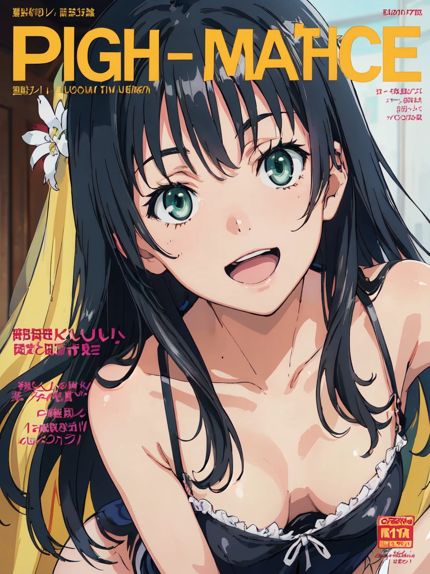 penthouse-cover, (High resolution:1.4), (masutepiece:1.2), (High quality:1.3) 1girl, saten ruiko, green eyes, long hair, black hair, small breast, smile, open mouth