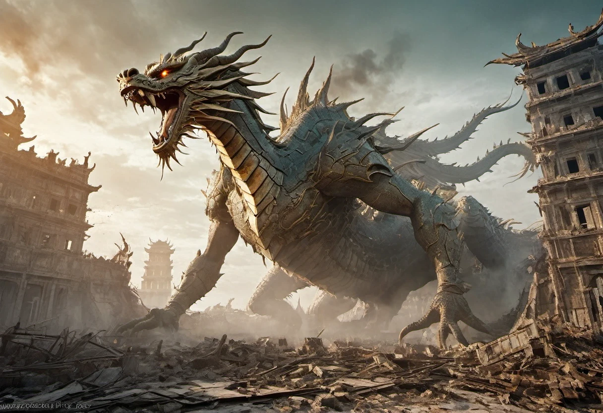 The Gigantic  Chinese Dragon is Flying and burning the ruin city, (best quality,patriarch),(Very subtle colors), ,It is set in a post-apocalyptic wasteland with the ruins of a once great civilization. ,perfect composition, The best exhibition, (golden ratio:1.2) , HDR, Amazing,movie light, Trending on Artstation,Trending on CGSociety, professional photos,Great detail.,