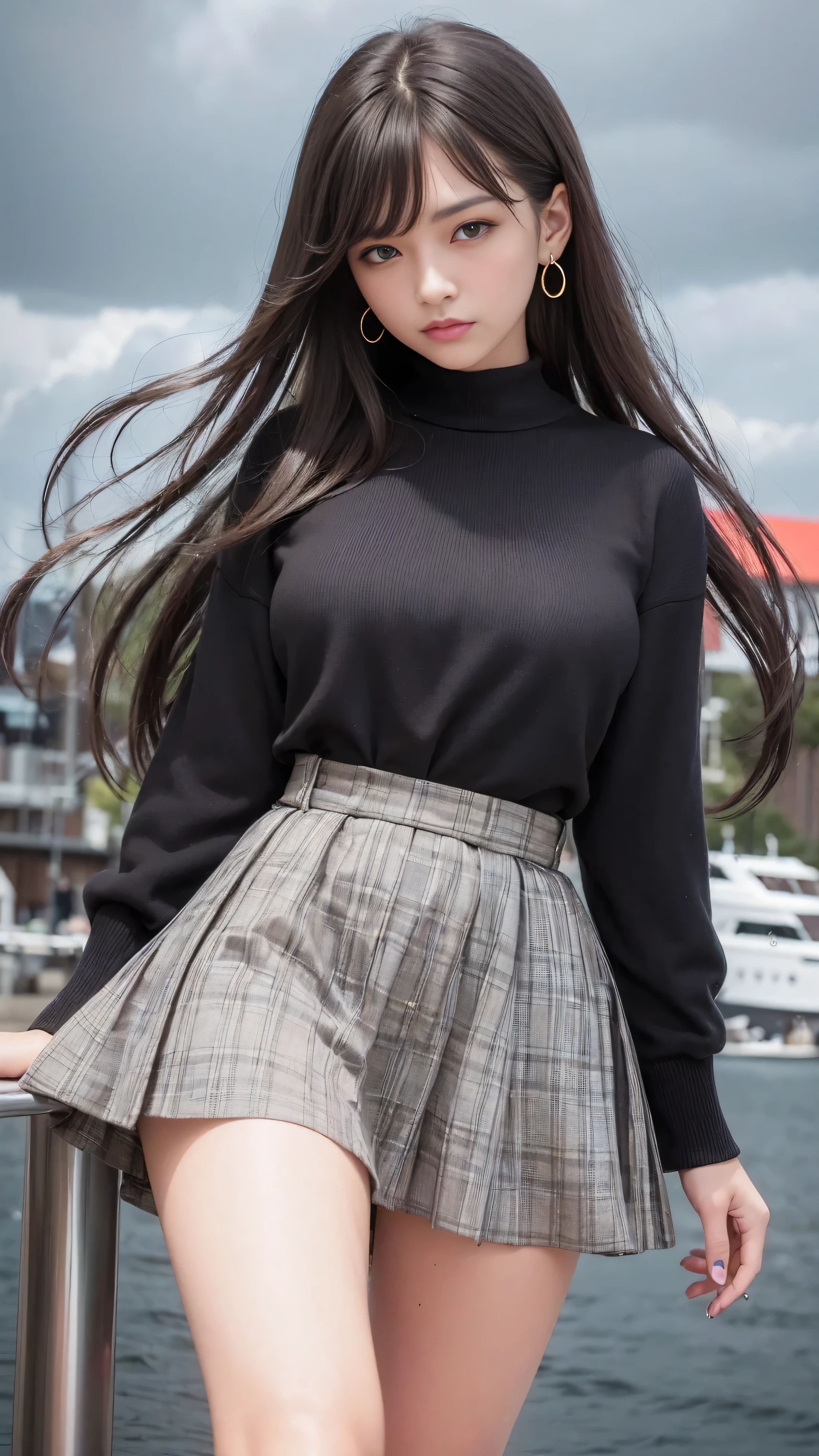 ((Best quality)), ((masterpiece)), (detailed), perfect face, photorealistic beautiful young girl in a short yellow gray plaid miniskirt, with long hair, black hair, professional makeup, earrings, the best quality, hard colors, behind the girl there is a Black sky with storm clouds, a girl on a yacht, ultra-high quality, saturation, High detail, superHigh detail in sharp focus in the best focus at full height,