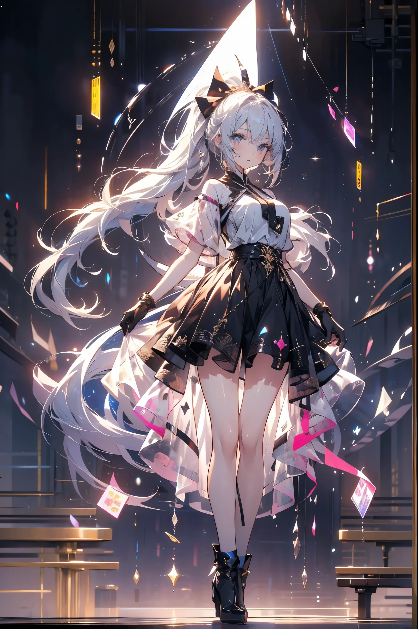 ((on the table)), best quality, absurd, Super detailed, holographic,, dynamic poses, golden ratio, 超级Lovely女孩, mature girl, extremely beautiful,,With super beautiful purple eyes, Super beautiful white hair, shiny skin, high ponytail, Good and harmonious , Slender and delicate figure, Perfect body, Wearing a short white top, Lovely,Full body shot,long hair,boots,black skirt, short sleeves,messy hair, black gloves, white socks,Fade the background,Full body photo of the individual,cartoon,issue card,High heel,