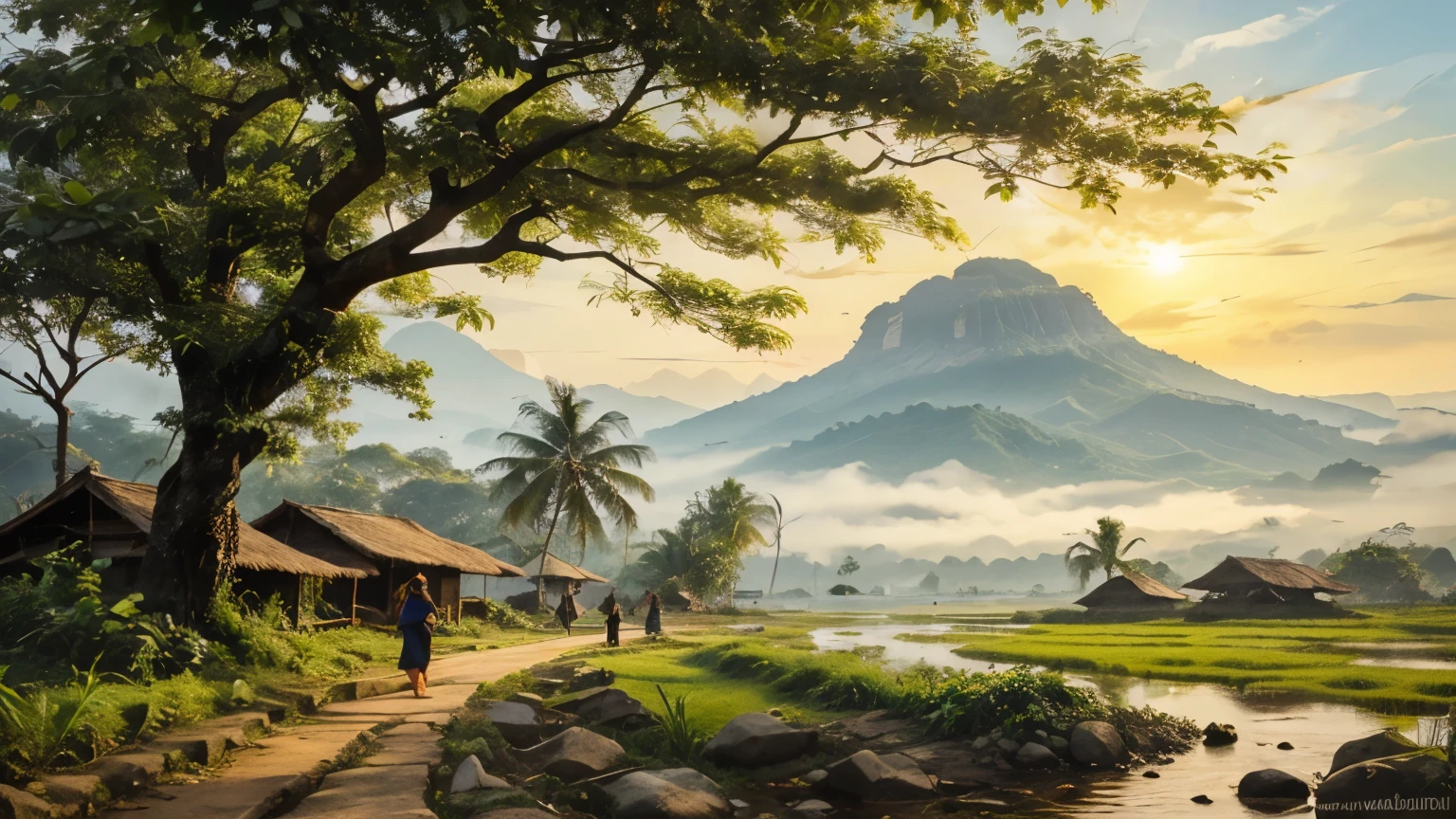 Pemandangan di Jawa barat tahun 1800, rumah kayu sederhana di tepi sungai yang deras berbatu yang air nya biru. banyak rumpun bambu besar, pohon-pohon tropis besar dan lebat, foliage yang rimbun, bark, ada pohon yang mati, ada daun yang menguning. latar belakang gunung berapi berkabut, cahaya matahari yang dramatis, muted pallete color.