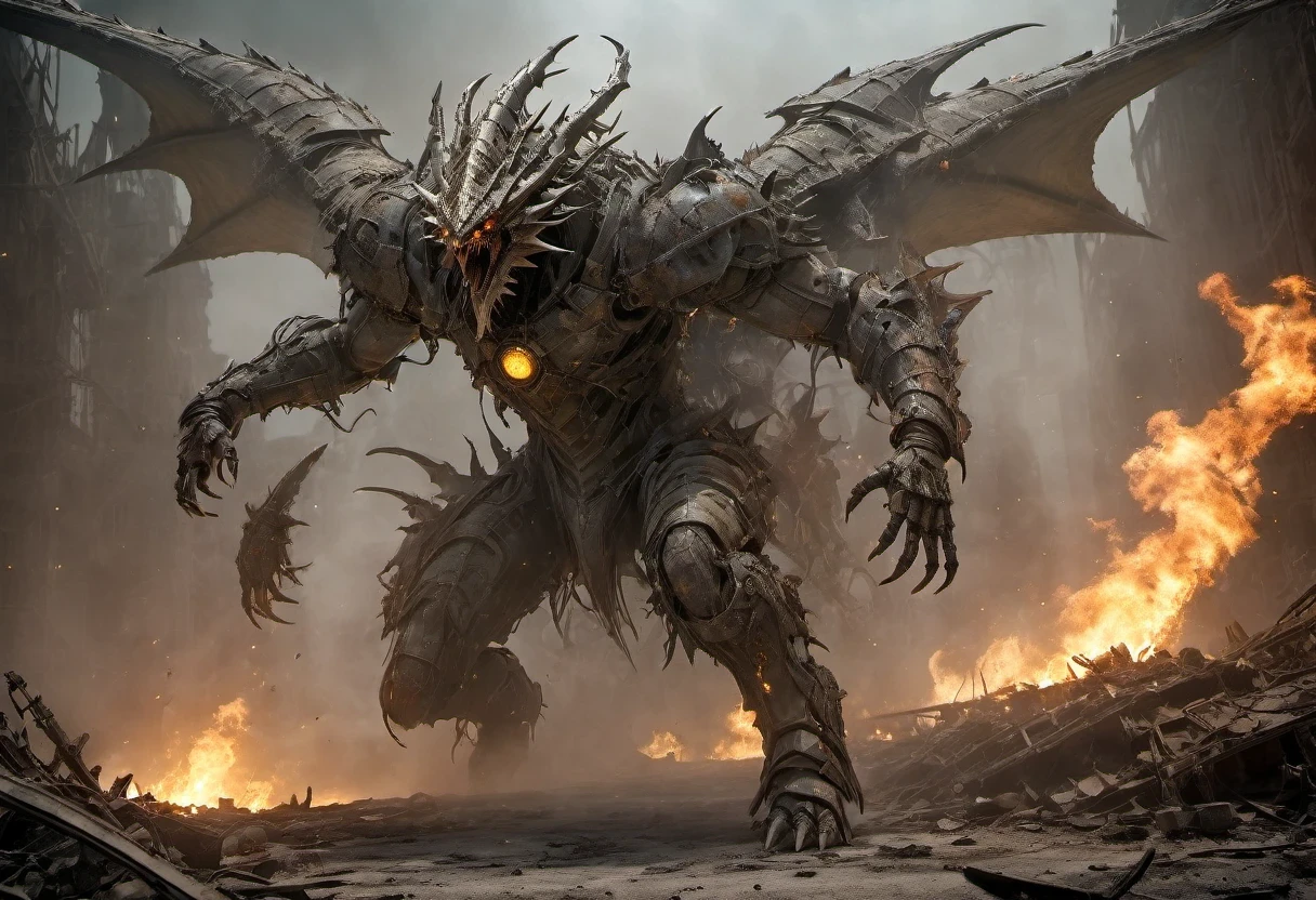The Rotten Zombie Dragon is standing among the burning city, (best quality,patriarch),(Very subtle colors), ,It is set in a post-apocalyptic wasteland with the ruins of a once great civilization. ,perfect composition, The best exhibition, (golden ratio:1.2) , HDR, Amazing,movie light, Trending on Artstation,Trending on CGSociety, professional photos,Great detail.,