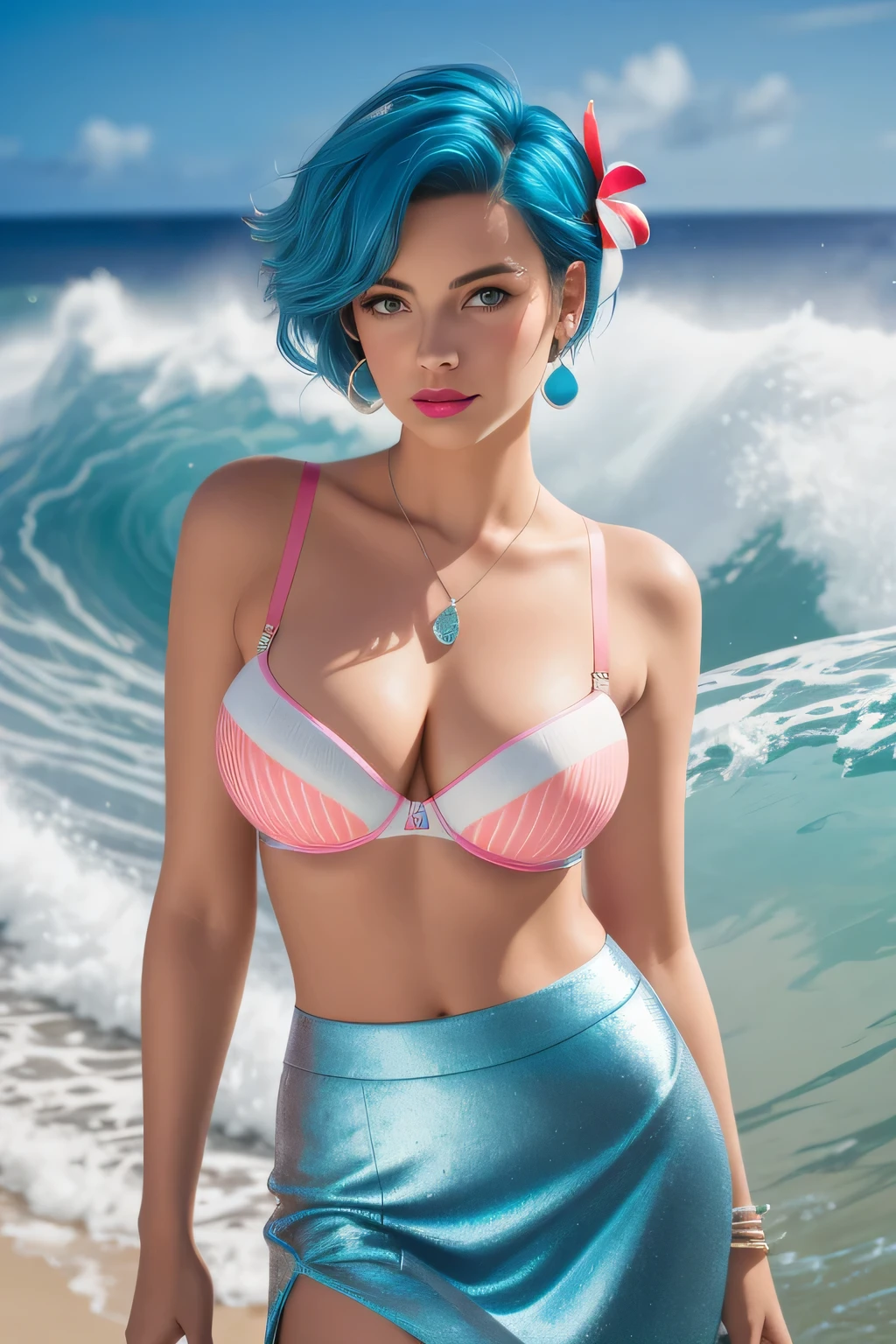 A tall and thin young woman, heavy chest, short circular Caribbean blue hair and two strands of hair on the sides of her face, her light blue eyes, metallic pink lips, wearing her red bra with white black stripes and a blue Hawaiian skirt with lighter blue decorations. waves and bubbles