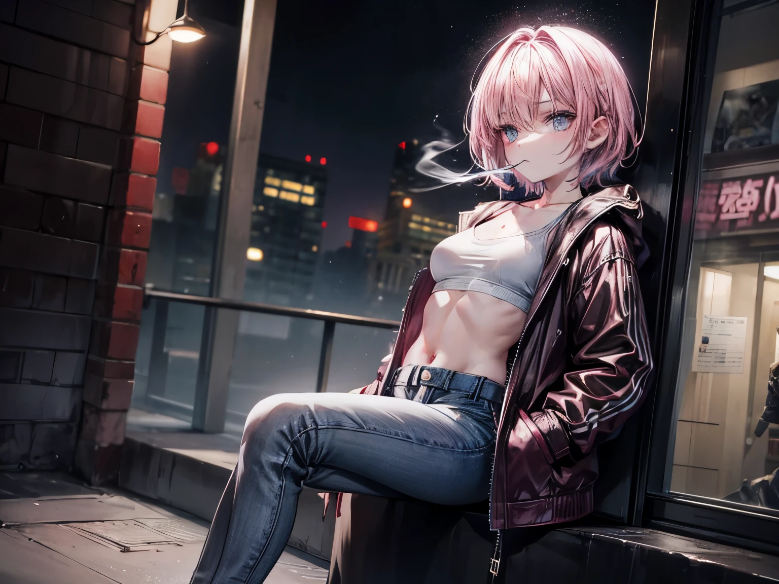smoking girl, sitting, dark street, night time, pink hair, short hair, long jacket, small girl, she's 20, she's wearing jeans, she's wearing combat boots, she's wearing a white bra, she's in extase, she's enthousiast, ambient smoke, ambient smoke everywhere, straight haired, beautiful women, small hips, grey eyes