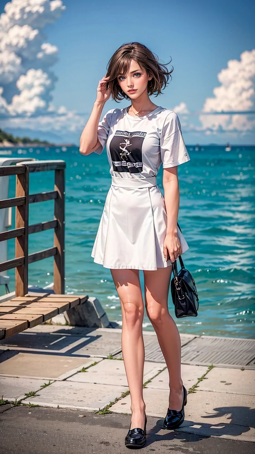 ((最high quality, 8K, masterpiece: 1.3, Ultra HD, high quality, 最high quality, High resolution, realism)) 、A beautiful 18-year-old white woman、髪colorはプラチナブロンド、color、blue eyeedium hair、straight hair、smile、Slender but well-proportioned muscular body、Athlete-like body type、I don't want my head to disappear from the screen.、Walk on a high seawall at the beach、I put my hand on my forehead and look at the sea、The blue sky is beautiful、There is an entrance cloud、It's summer、sailor suit((summer clothes))wear、紺colorのプリーチスカート履く、wear loafers、There is a bus stop that looks like a hut on the coastline road where you can see the ocean.、Sit on a bench at the bus stop、The sea breeze feels good