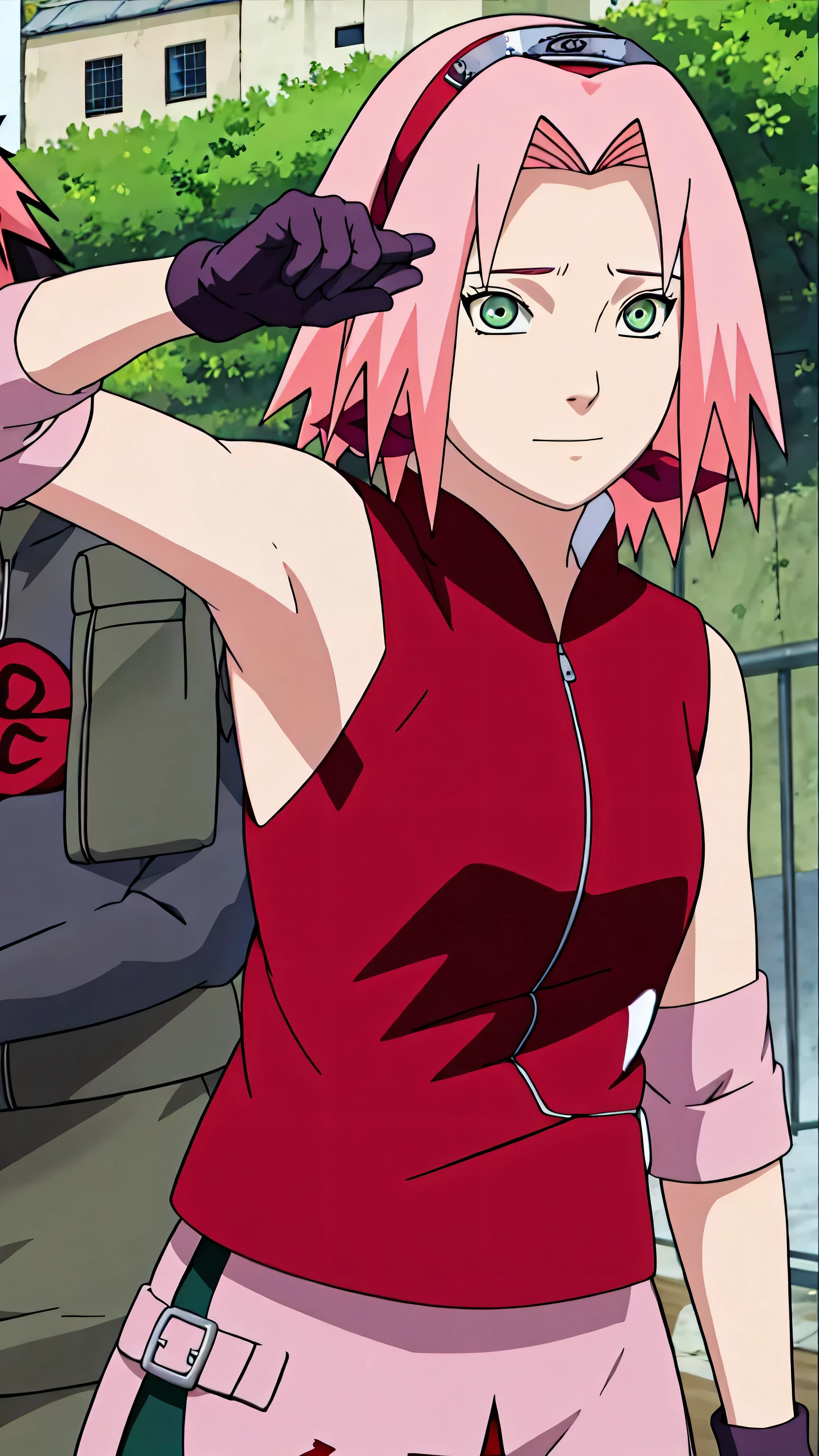 sakura haruno, sakura shippuden, upper body, armpits, showing armpits, sleeveless, masterpiece, 1 girl, green eyes, posing, elbow covers, black gloves