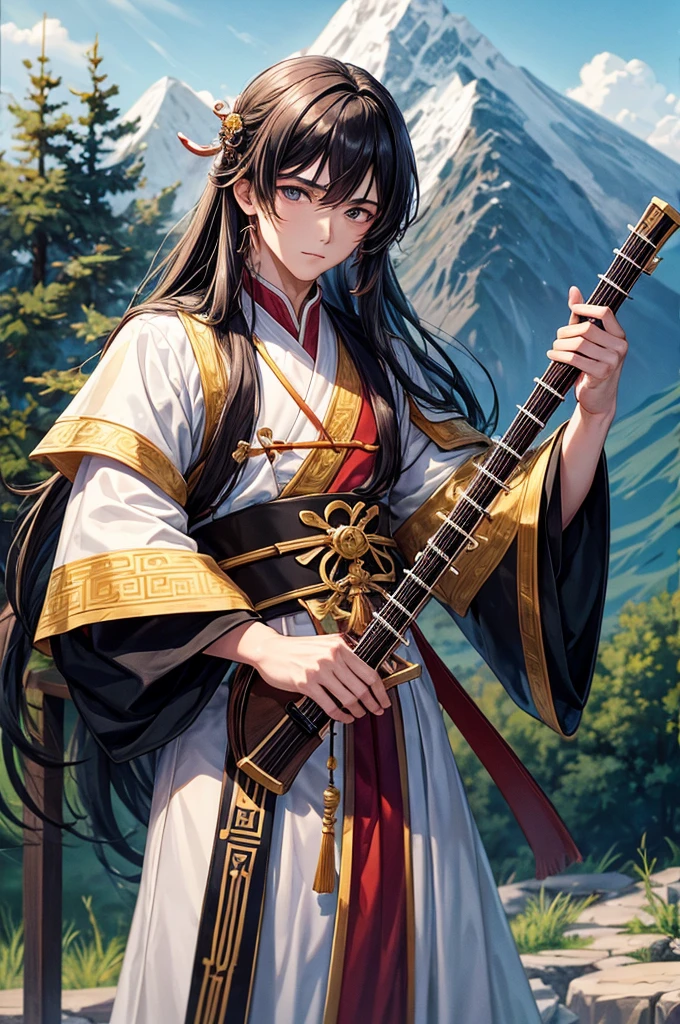 , , He is a young male Taoist priest with long hair and a European face.。., , He was playing with his erhu. He was playing with his erhu., , He's so good looking., , He wore leather armor., , He is a bard., , He is a bard., , He is a bard., , The background behind him is a mountain, And the background is pure gold, Not white.,