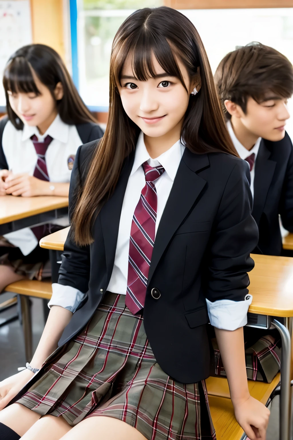 Photorealistic taste、Japanese high school girls 、Three people are sitting around a desk.、(The first one has black hair、medium long hair、blazer uniform、tie、plaid skirt)、(The second one has brown hair、short hair、blazer uniform、tie、plaid skirt)、(The third person has dark brown hair.、medium long hair、Piercing1One in each ear、blazer uniform、tie、plaid skirt)、The background is an after-school classroom at a high school in Tokyo.、The time zone is15About time、Sitting on a chair in the classroom、Smiling and talking with a female friend、The gaze is not straight ahead、Talking with friends(highest quality)