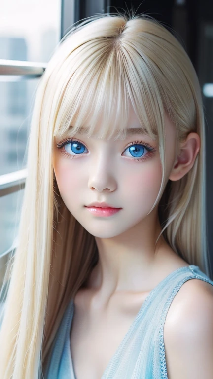 White shiny skin、Mysterious platinum blonde hair color that changes with light、Long bangs obstruct the view、Glossy highlight on cheeks、Very beautiful face、Sexy and very beautiful lovely cute gorgeous face、The most beautiful girl in the world、Super long gorgeous bright blonde hair、smooth straight blonde hair、 Very large, sparkling light blue eyes、very big eyes、beautiful bangs、16 year old beautiful cute girl、small face beauty、cheek gloss highlight、