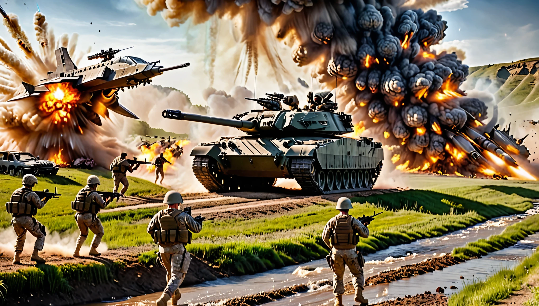 epic battle scene, north dakota backdrop, farm house, us soldiers with assault rifles attack in front of an alien main battle tank, explosions, gunfire, launching missiles with a stream of white vapors with flames, sunset, danger atmosphere 