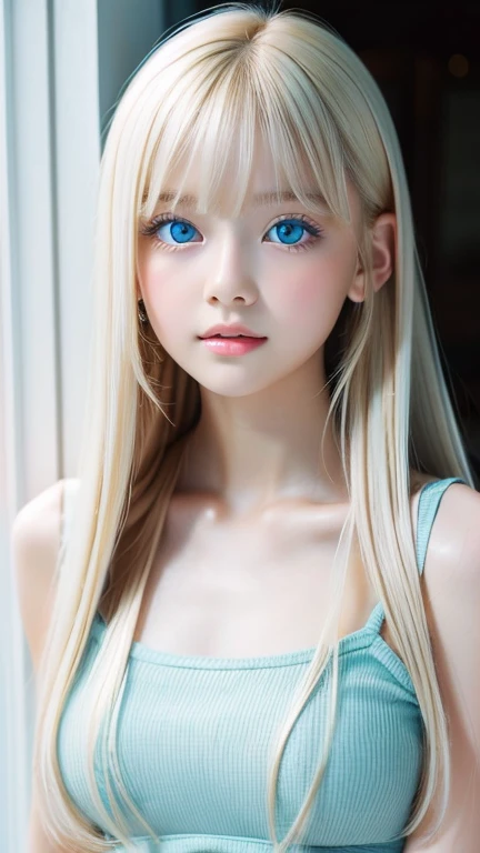 White shiny skin、Mysterious platinum blonde hair color that changes with light、Long bangs obstruct the view、Glossy highlight on cheeks、Very beautiful face、Sexy and very beautiful lovely cute gorgeous face、The most beautiful girl in the world、Super long gorgeous bright blonde hair、smooth straight blonde hair、 Very large, sparkling light blue eyes、very big eyes、beautiful bangs、16 year old beautiful cute girl、small face beauty、cheek gloss highlight、