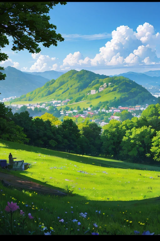 view of green hills, with shady trees, blooming flowers, clouds, clear sky, in the distance you can see a small house made of wood. cinematic, ultrarealistic, high detail, photoshoot, photorealistic, taken with a Panasonic Lumix S1R camera