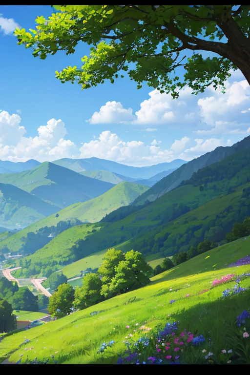 view of green hills, with shady trees, blooming flowers, clouds, clear sky, in the distance you can see a small house made of wood. cinematic, ultrarealistic, high detail, photoshoot, photorealistic, taken with a Panasonic Lumix S1R camera