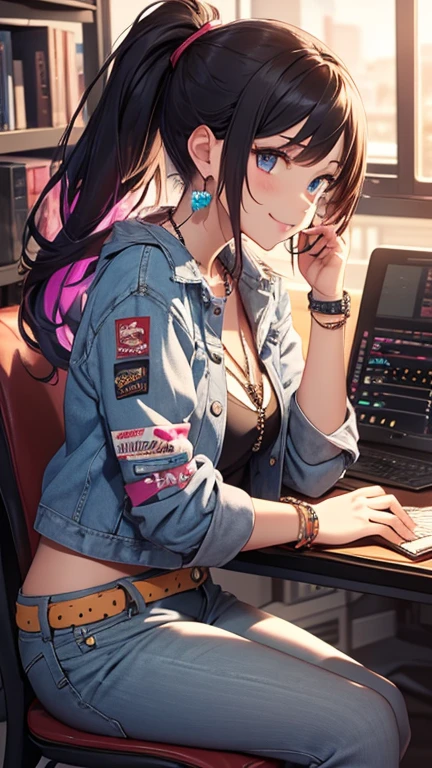 最high quality、Best image quality、masterpiece、girl((20 years old、 by becoming、vest bust、medium bust,Big chest tea、shining eyes, neon hair、long hair、thin,highest valley、ponytail、Distressed denim shorts、Black crop top shirt、Distressed denim jacket、Smile、Full body tattoos,Diamond earrings、wristband、necklace、sit on the chair、Have a guitar、Guitar Playing、Leaning forward、elated)),high quality、beautiful art、background((Hacker Room、Server room、neon lights、Computer stand、notebook))、flight、debris flying、writing border depth、Movie、visual art、Perfect art、8K,real、