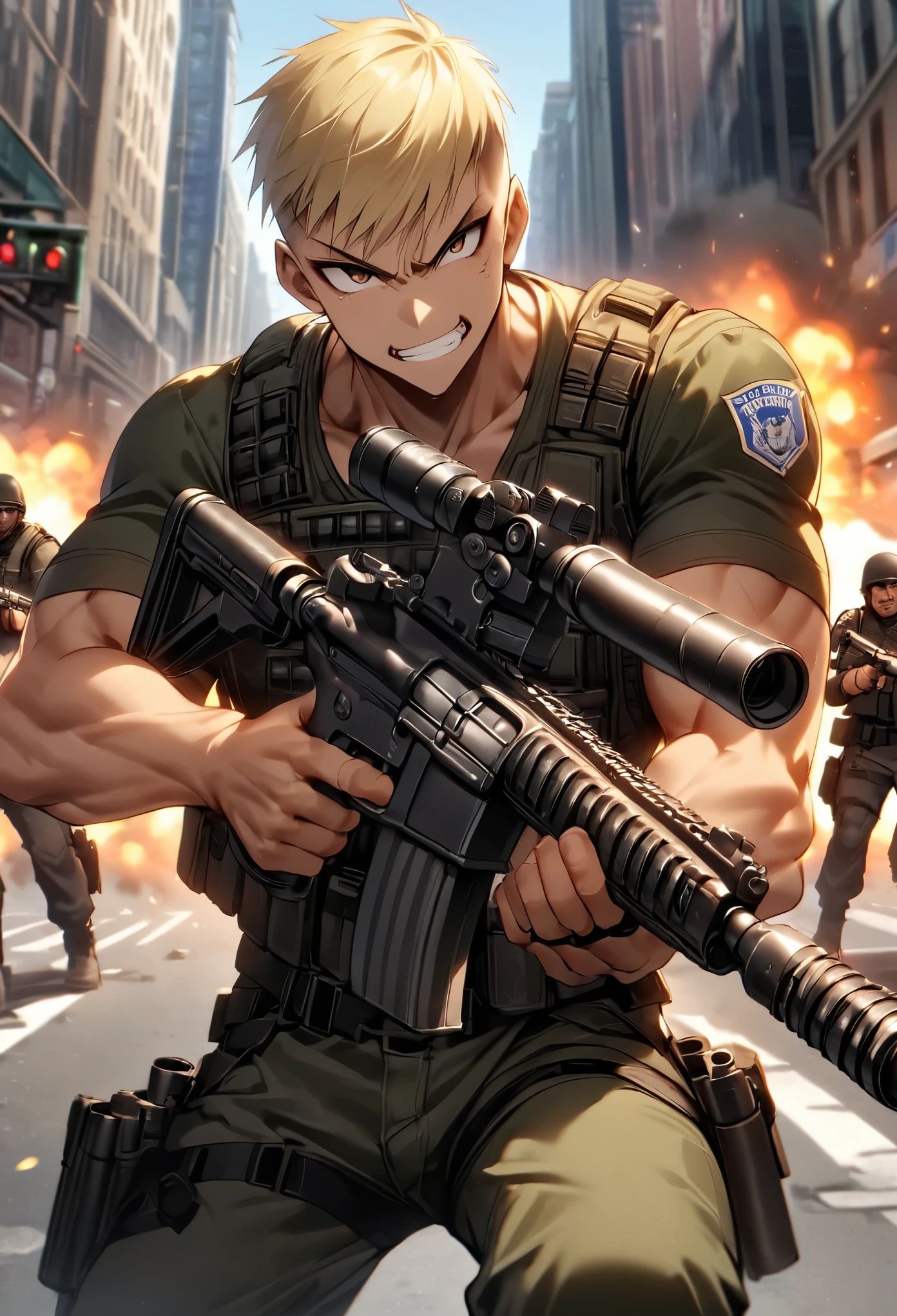mercenary, male, male focus, muscular, blonde hair, dark brown eyes, crew cut, maniacal laugh, v-shaped eyebrow, evil smile, clenched teeth, ammunition belt, grenades, drop-down pistol holster on the right hip, holstered pistol on the right hip, (holding an m16a2 service assault rifle, aiming at viewer), new york street, gunfight, shootout, shot NYPD cruisers, an explosion in the street