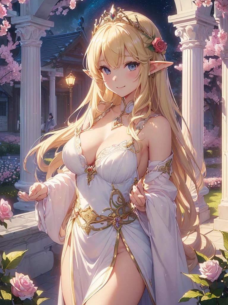highest quality、Highest image quality、masterpiece、beautiful profile、、Titania、Super beautiful elf beauty((22 years old OL big bust、bust 90,beautiful long ironed hair、blonde、Height: 165cm。slender、sexy、Esbian、beautiful tiara、night、High quality、美しいart、Beautiful bed、canopy、Canopy、muste piece、ビジュアルart、Depth of the bounds written、、elf ears、、Lightのmagic、universe、A happy smile、穏やかなLight、Elven Forest、cherry blossoms、、elegant、ticker beautiful decorative、marble columns、fresco、Mosaic mural、mystical rosa、Rose、flower瓶magicのflower、flowerを作るmagic、Light、 the sky、beautiful dressy、beautiful dress、table、myth、ART、Lord of the Ring、sexy、friendly smile、Fantastic、cherry blossoms、舞い散るflowerびら、cherry blossomsのflower、universeのmagic、magicのLight、fantasy、flower、super REALITYたくさんのRose、magic、Interior decoration、Many tapestries、Grow fantasy、、mysteryのLight、byzantine、renaissance、Art nouveau、alphonse Mucha、、art、art,mystery,UHD,magicalgentle light,sexy、