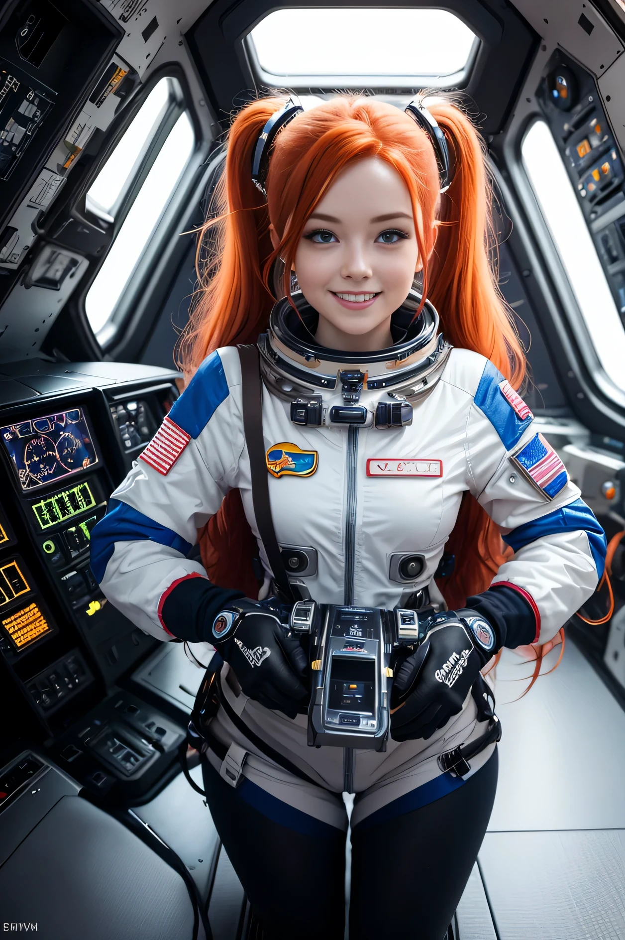 (overhead view) Cute redhead with rainbow colored hair tips, ribbons in her hair, 18-year-old woman, happy, smiling, in twin tails, perfect eyes, clear sparkling blue eyes, pale skin, silky smooth skin, flying a fancy metal luxurious space ship, Ireland insignias, futuristic cockpit, she's a pilot, outer space seen in windows, dark warm lighting, futuristic astronaut suit, anatomically correct, full body, sexy, bare bottom, Best quality, high detailed, Masterpiece, Cinematic Lighting, 4K