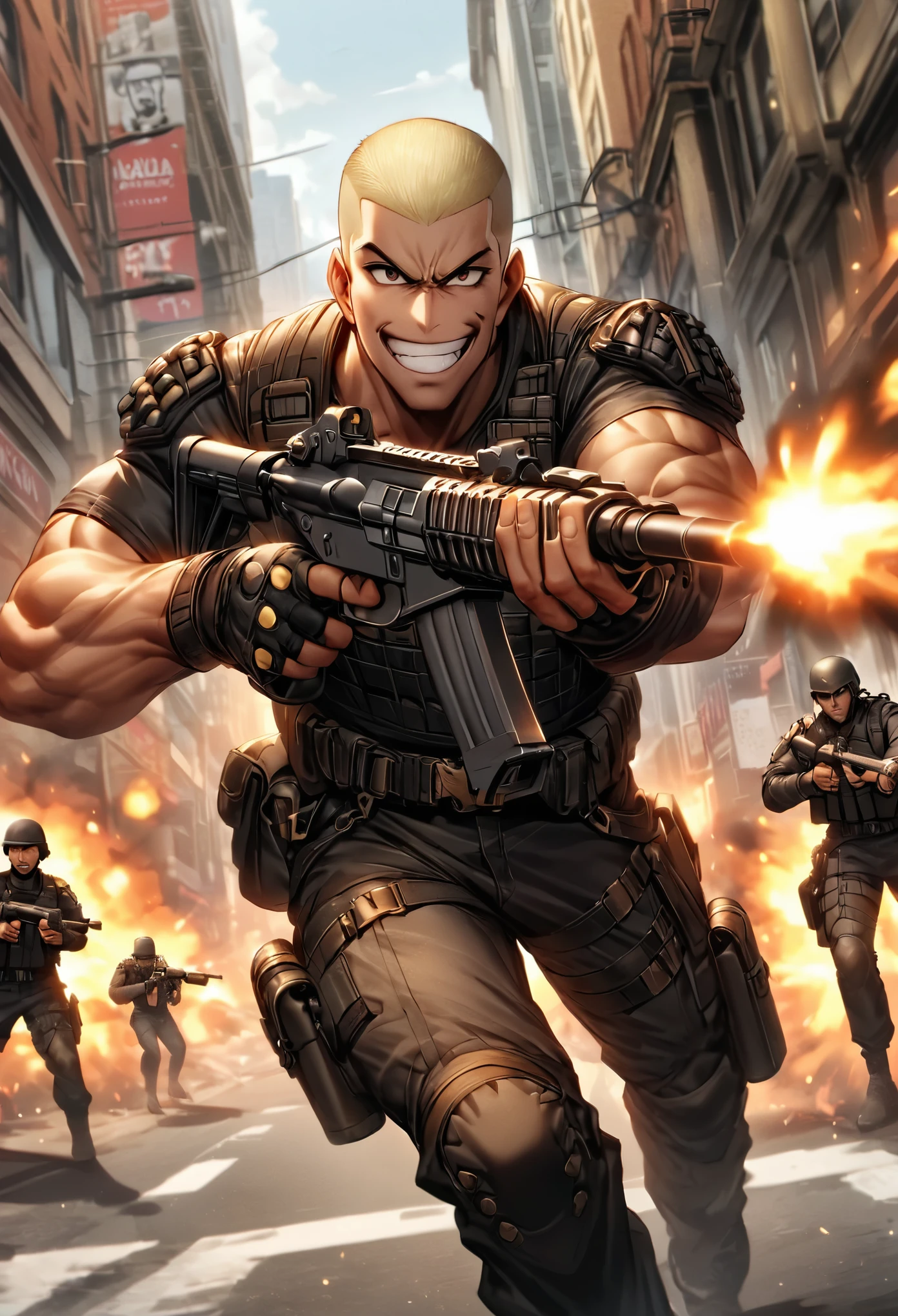 mercenary, male, male focus, muscular, blonde hair, dark brown eyes, crew cut, maniacal laugh, v-shaped eyebrow, evil smile, clenched teeth, ammunition belt, grenades, drop-down pistol holster on the right hip, holstered pistol on the right hip, (holding an m16a2 service assault rifle, aiming at viewer), new york street, gunfight, shootout, shot NYPD cruisers, an explosion in the street