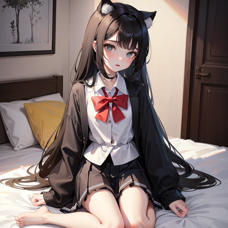 1 girl，jk，pleated skirt，long black hair，Cat ear，youth，bedroom background，Loli kneeling