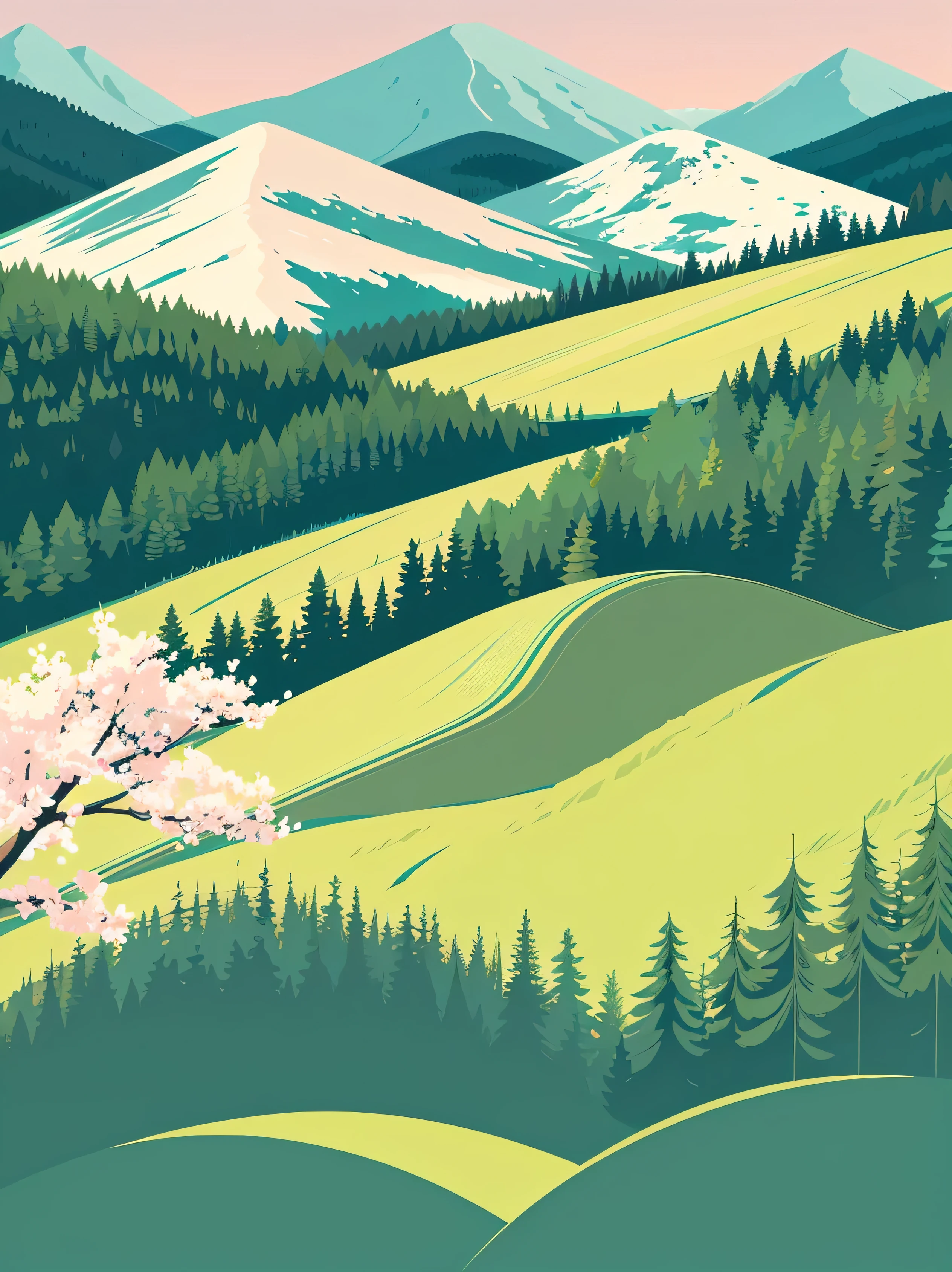 
Samivel vector drawing, Retro poster, vector poster, green mountains, British Columbia landscape, evergreen trees, Inspired by Samivel. pastel colors, soft colors, muted colors, no people, no figures, high quality, very detailed, landscape, wide angle, cherry blossom trees, cherry blossoms in foreground 