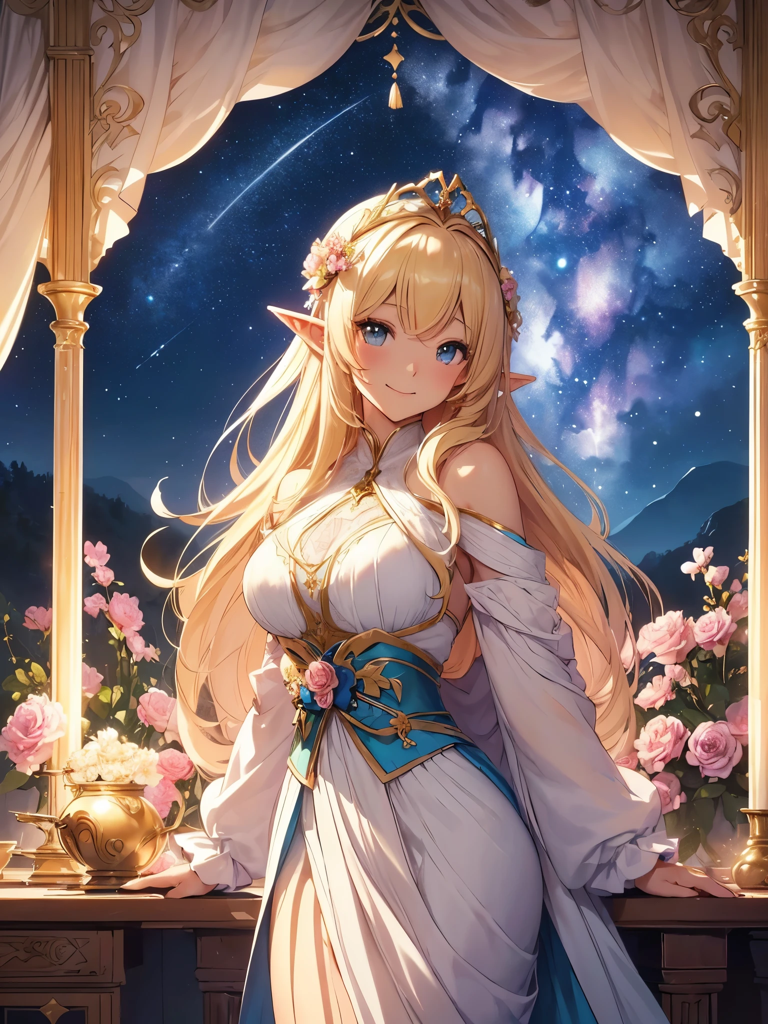 highest quality、Highest image quality、masterpiece、beautiful profile、、Titania、Super beautiful elf beauty((22 years old OL big bust、bust 90,beautiful long ironed hair、blonde、Height: 165cm。slender、sexy、Esbian、beautiful tiara、night、High quality、美しいart、Beautiful bed、canopy、Canopy、background((starry ski)))muste piece、ビジュアルart、Depth of the bounds written、、elf ears、、Lightのmagic、universe、A happy smile、穏やかなLight、Elven Forest、cherry blossoms、、elegant、ticker beautiful decorative、marble columnystical rosa、Rose、flower瓶magicのflower、flowerを作るmagic、Light、 the sky、beautiful dressy、beautiful dress、table、giant galaxy、myth、ART、Lord of the Ring、sexy、friendly smile、Fantastic、cherry blossoms、舞い散るflowerびら、cherry blossomsのflower、universeのmagic、magicのLight、fantasy、flower、super REALITYたくさんのRose、magic、universeを飛ぶ、Interior decoration、Tapestry、Grow fantasy、、mysteryのLight、byzantine、Art nouveau、alphonse Mucha、、art、art,mystery,UHD,magicalgentle light,sexy、