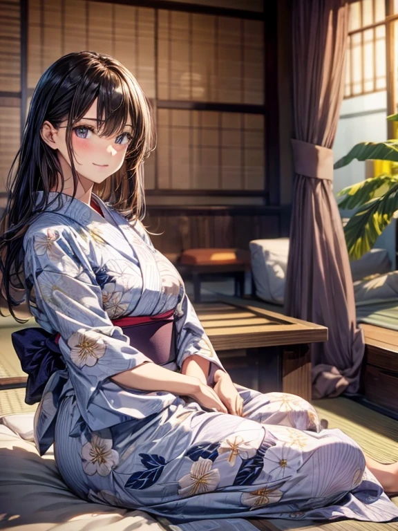 best quality、limbs intact、Full finger、1 beautiful woman、Beautiful plump woman:1.3、Brunette woman、Straight-haired woman、((woman wearing yukata in hotel:1.5))、Japanese-style rooms at the hotel、futon、Smile