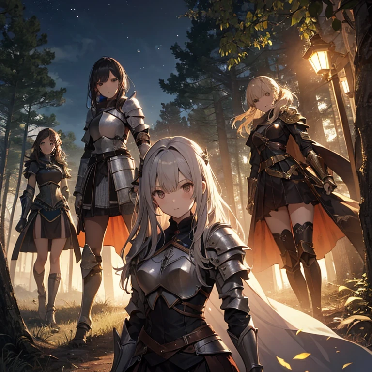 A group of  female knight, (in forest), various hair styles, harem, wearing armored clothes, metal armor, night, details face, , short skirt, seducing, sword, brown skin 