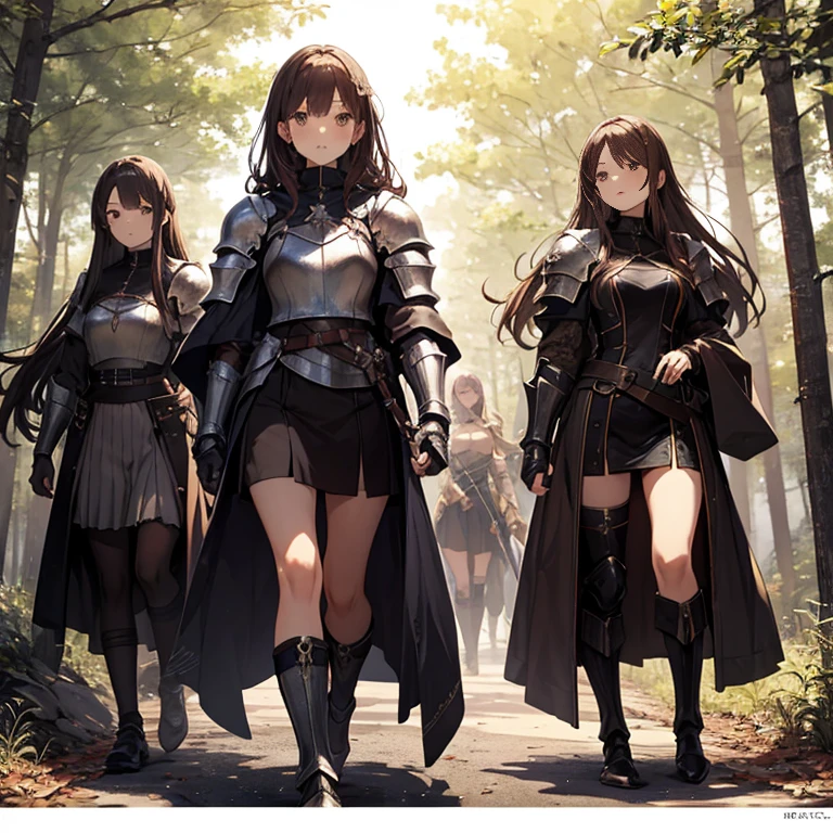 A group of  female knight, (in forest), various hair styles, harem, wearing armored clothes, metal armor, night, details face, , short skirt, seducing, sword, brown skin 