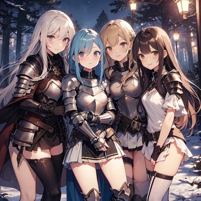 A group of  female knight, (in forest), various hair styles, harem, wearing armored clothes, metal armor, night, details face, , short skirt, seducing, sword, showing armpits, sleeveless, midriff 