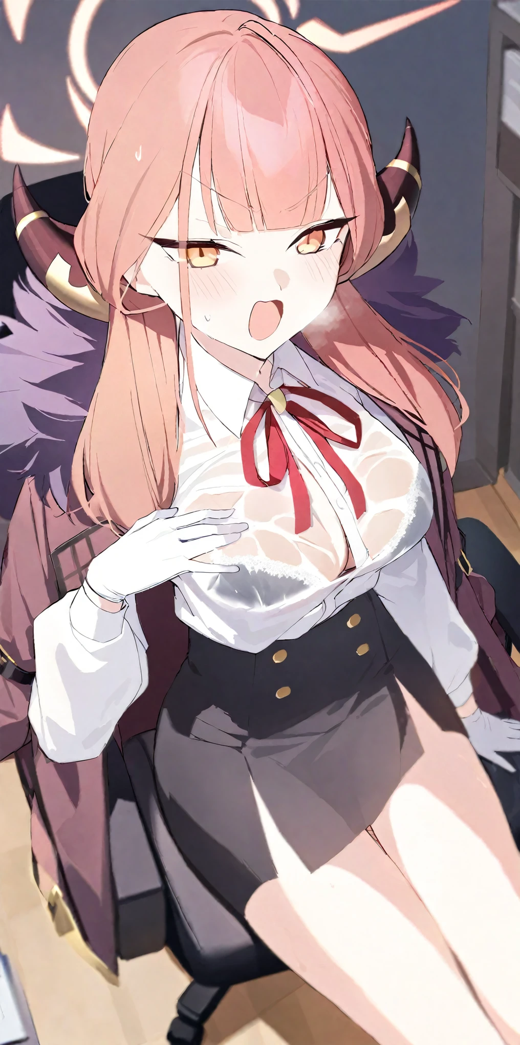 masterpiece,highres,ARU_\(BLUE_ARCHIVE\),SOLO,HORNS,WHITE_GLOVES,HALO,LONG_HAIR,FUR_TRIM,SHIRT,WHITE_SHIRT,BLACK_SKIRT,NECK_RIBBON,COLLARED_SHIRT,YELLOW_EYES,HIGH-WAIST_SKIRT,FUR-TRIMMED_COAT,JACKET,PINK_HAIR,JACKET_ON_SHOULDERS,FUR-TRIMMED_JACKET, sweating,wet clothes,steam,sitting,thigh,wet thigh,crossed thigh,blush,frown,open mouth,heavy breathing,hand on breasts,hand on thigh,from above,cleavge,in the office,sitting on office chair,wet shirt reveal bra,